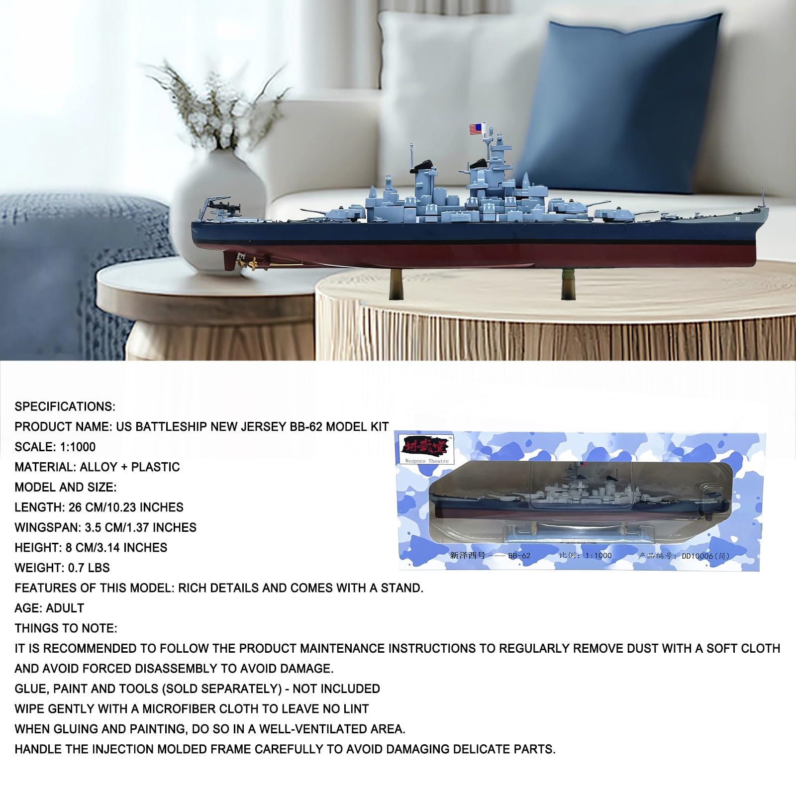 1000 Scale US New Jersey (BB-62) Iowa-class Alloy Battleship Model Kit Pre-Assembled Navy Warship Museum Perfect for Home Office Display Ideal Adult Collectors and Military History Buffs(A)