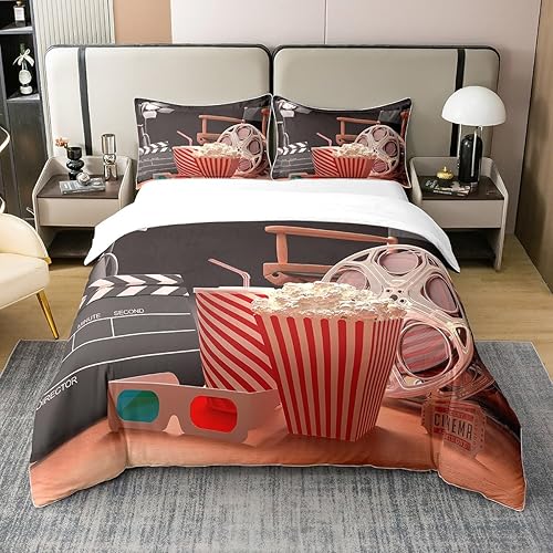 Erosebridal Juego de funda de edredón 100% algodón con estampado de palomitas de maíz, tamaño matrimonial, funda de edredón de cine vintage, con 2