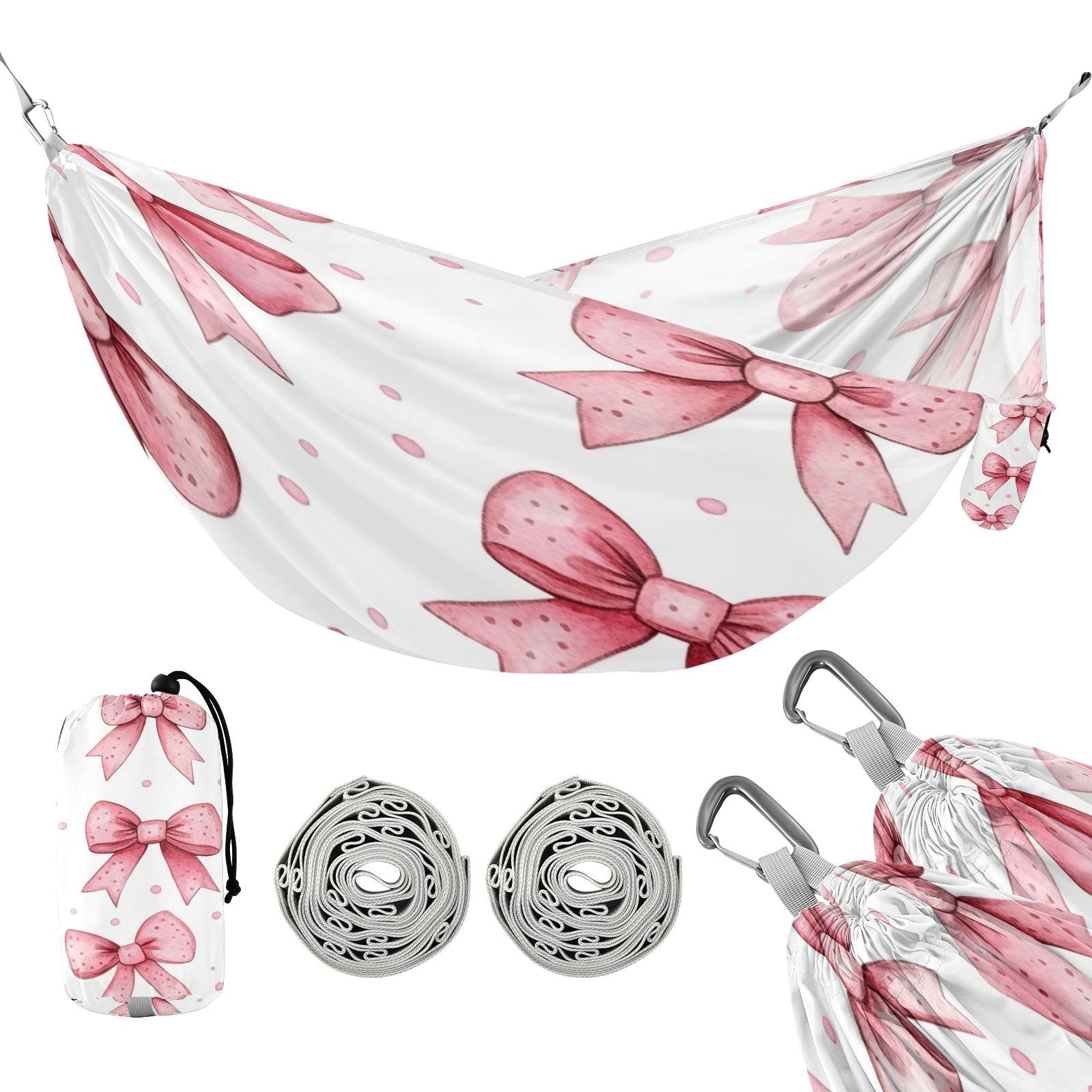 Haskirky Pink Bow Camping Hammock, Single Portable Hammocks with Tree Straps & Attached Carry Bag, 330Lbs Capacity Perfect for Outside Indoor Hiking Beach Backpack Travel