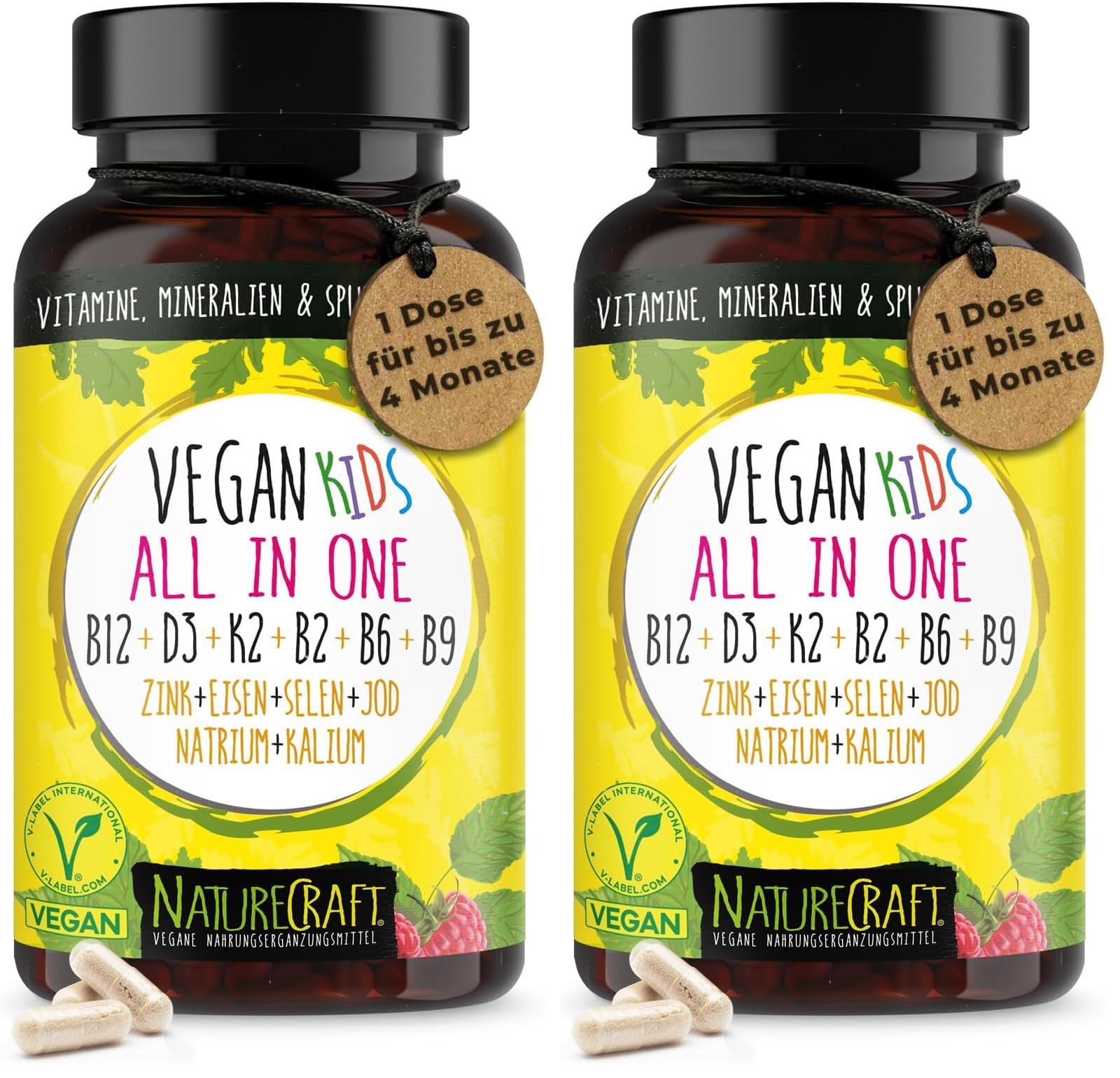 Vegan Kids All-in-One - Vitamin B12+D3+K2+B2+B6+B9 Folsäure + Zink + Eisen + Selen + Natrium + Kalium + Jod - Komplex für Kinder mit 120 Kapseln (max. 4 Monats-Vorrat)… (Packung mit 2)