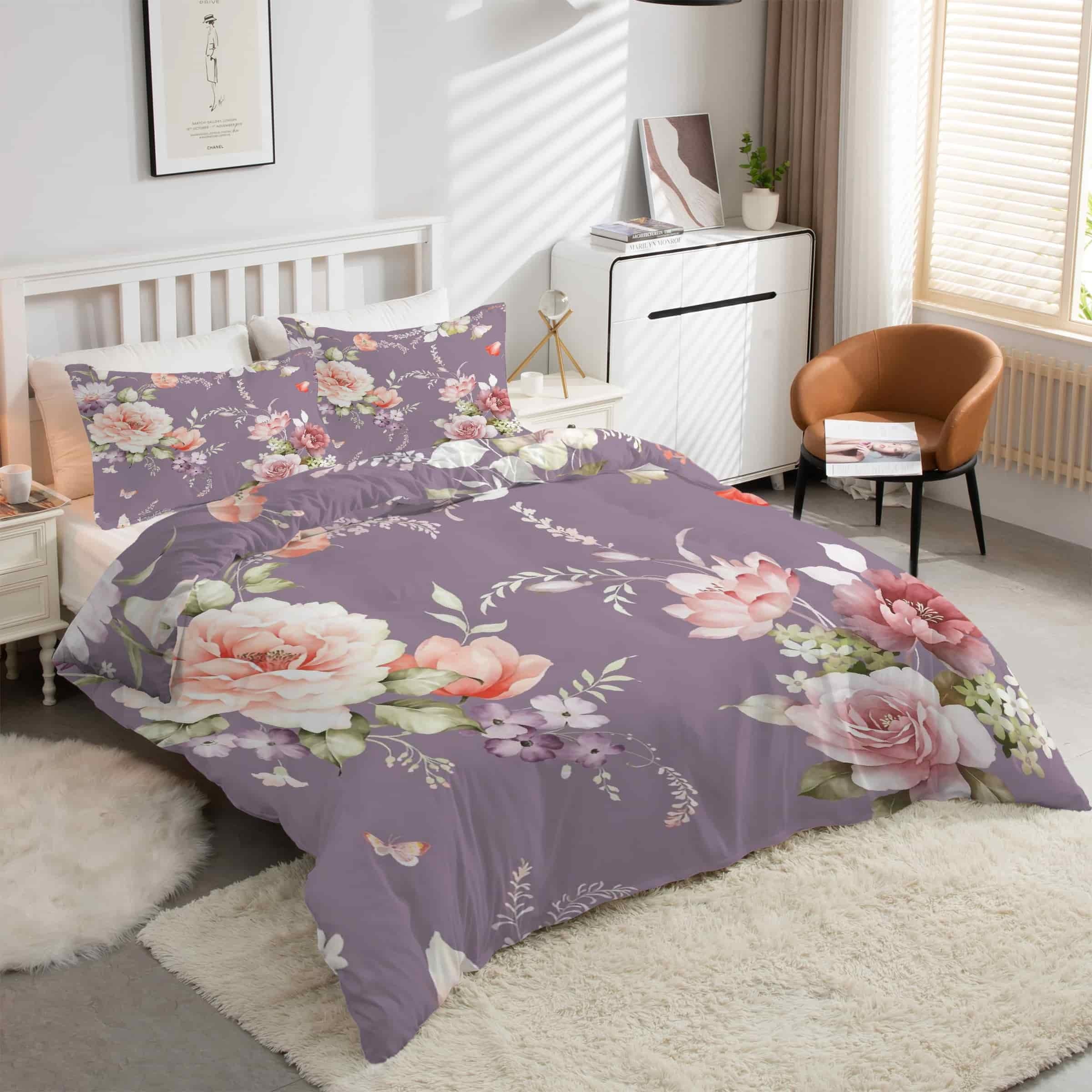 Housse de couette pivoine violet 90x190 pour transformer l'ambiance de votre chambre