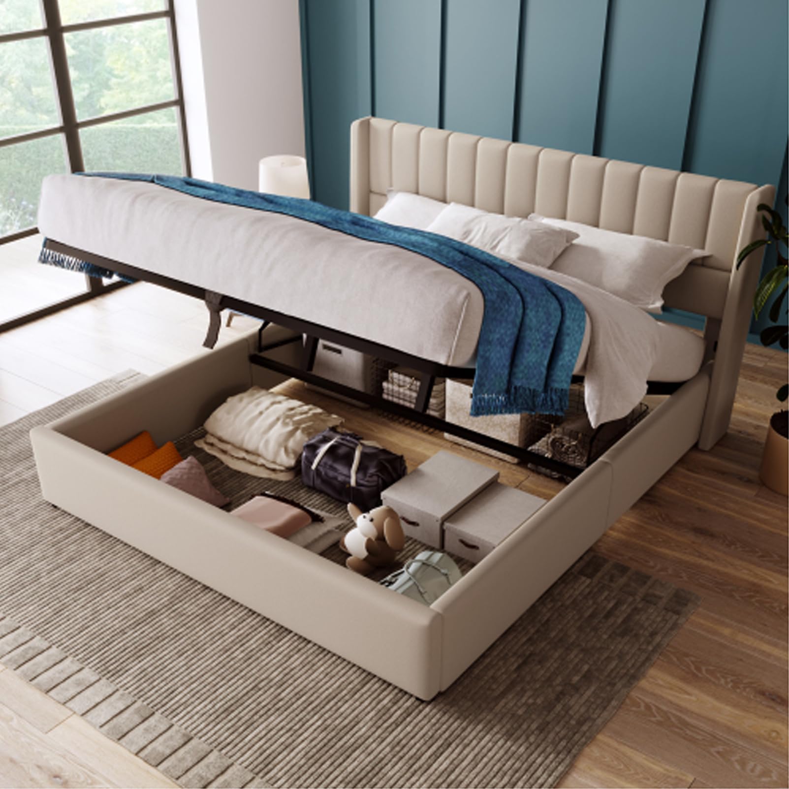 Letto Imbottito Idraulico Con Rete A Doghe In Metallo Letto Matrimoniale King Size Biancheria Letto Per Ragazzi Per Adulti Ragazzi Letto Contenitore Box Letto Letto Per Gli Ospiti Beige 180x200 Cm