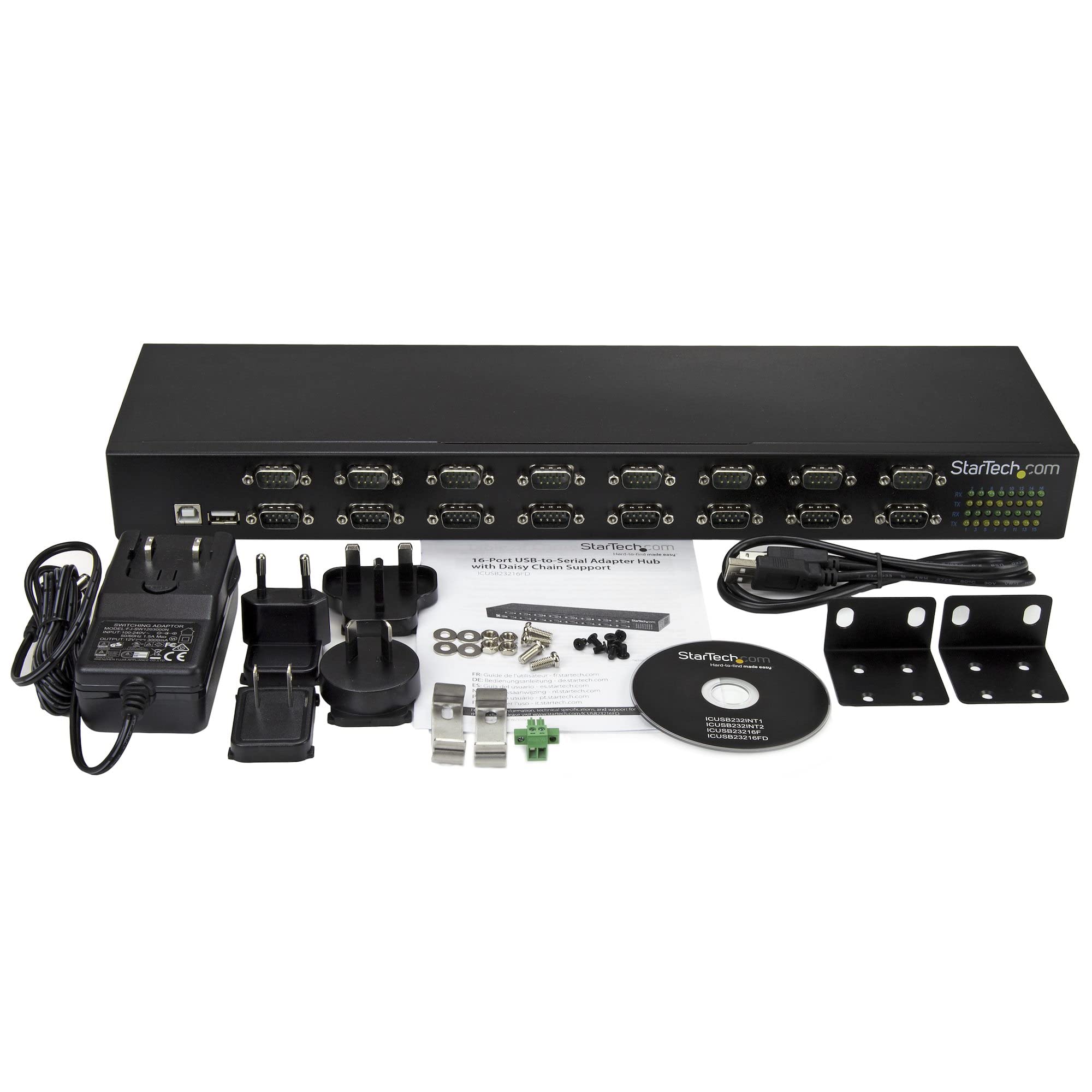 StarTech.com 16-portowy adapter USB na szeregowy adpater, adapter USB do portu RS232 z przełącznikiem szeregowym, montaż w szafie