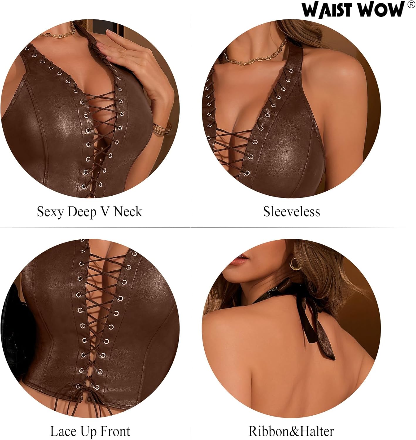 Women's PU Leather Halter Top Lace Up Front Crop Tank Tops Sleeveless Backless Sexy Corset Camisole Party Clubwear - Image 5