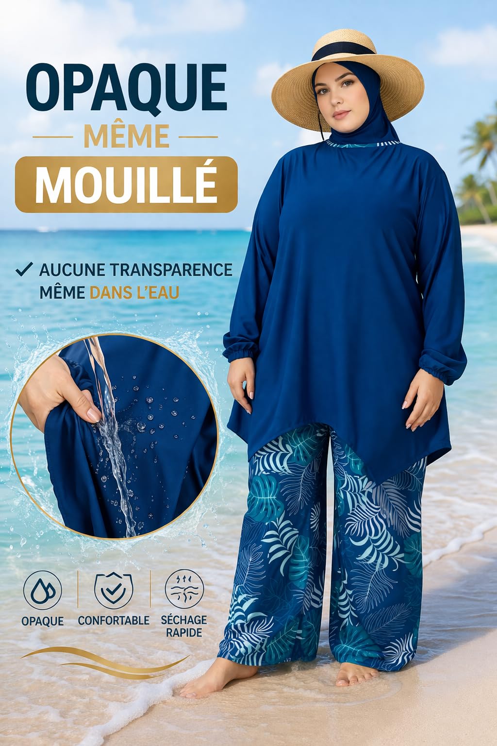 Burkini Femme Grande Taille – Maillot de Bain Modeste 4 Pièces avec Hijab – Tenue de Bain Islamique Haut Long Pantalon Large