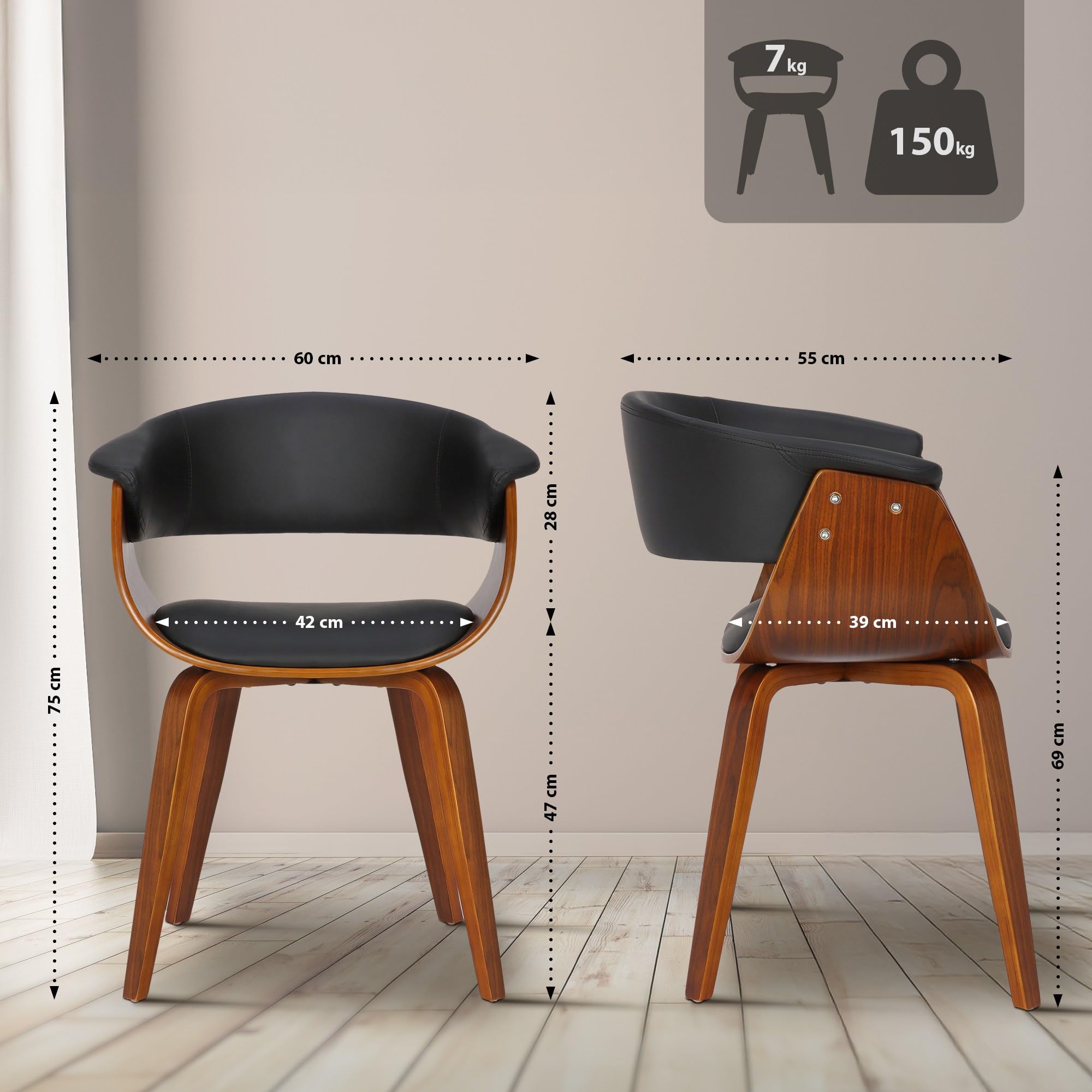 CLP Silla De Comedor Bruce De Madera Acolchada & Tapizada En Polipiel I Butaca De Salón Moderna con Base De 4 Patas Color:Negro