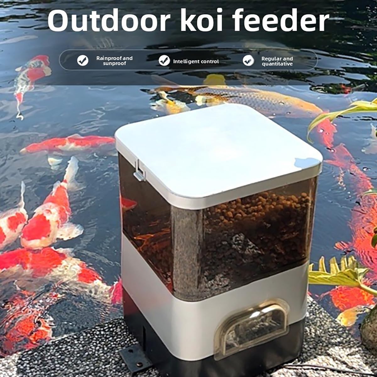 Alimentatore per pesci da laghetto, Mangiatoia Automatica per Pesci con Grande capacità di 10 Litri, Ricarica Tramite Wi-Fi e Pannello Solare, per acquari e stagni