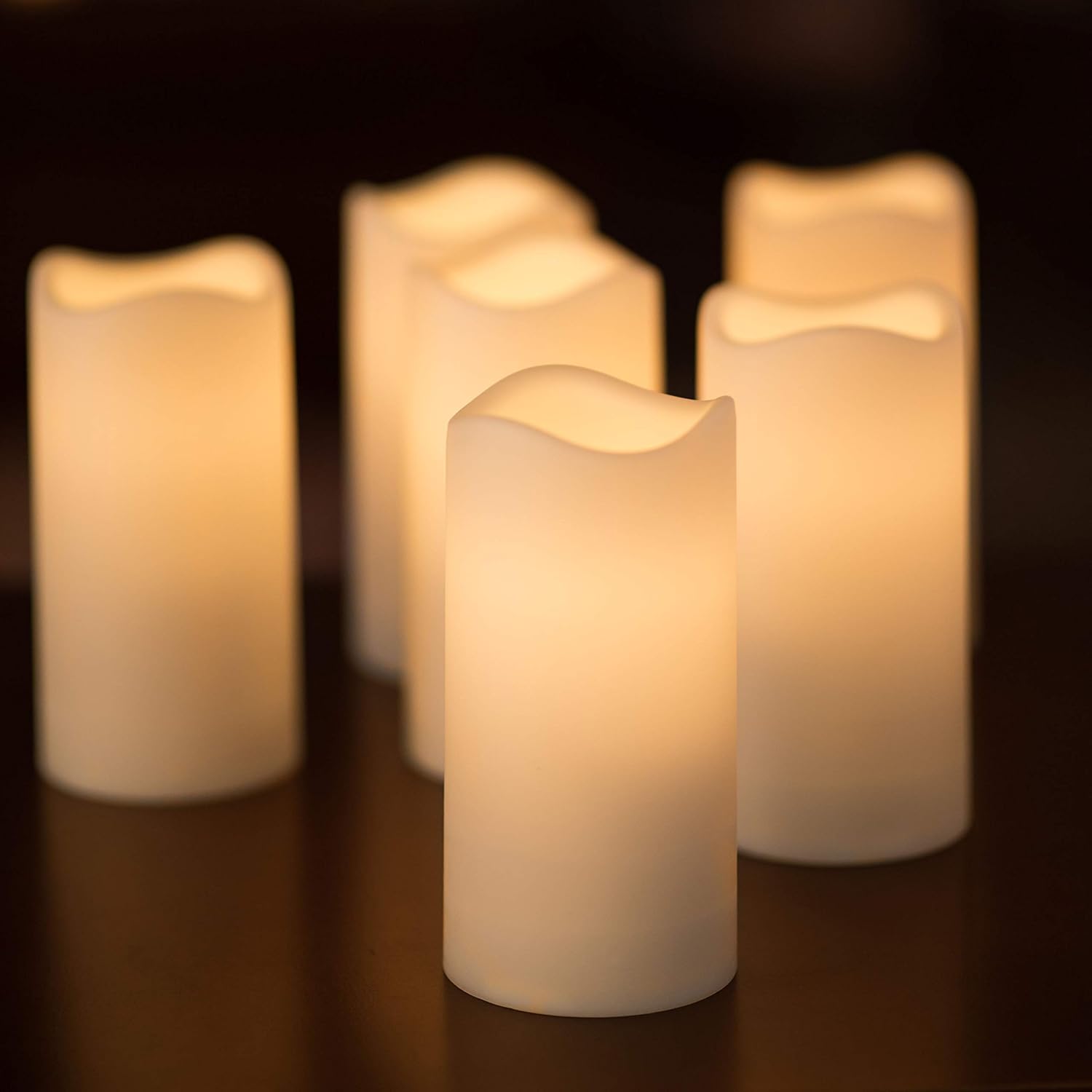 Authentic Crazy Deals Set of 6 Outdoor 3x6 Waterproof Resin Flickering LED Flameless Battery Candles with Timer and Remote and C Batteries Included