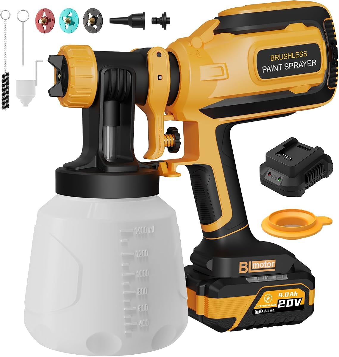 Cordless Paint Sprayer, Spray Gun with Brushless Motor & 20V 4.0Ah Battery | 1400ml Container with Easy Setup and Cleaning, For Painting Furniture, Cabinets, Doors, Fences, Walls, Decks and DIY Projects