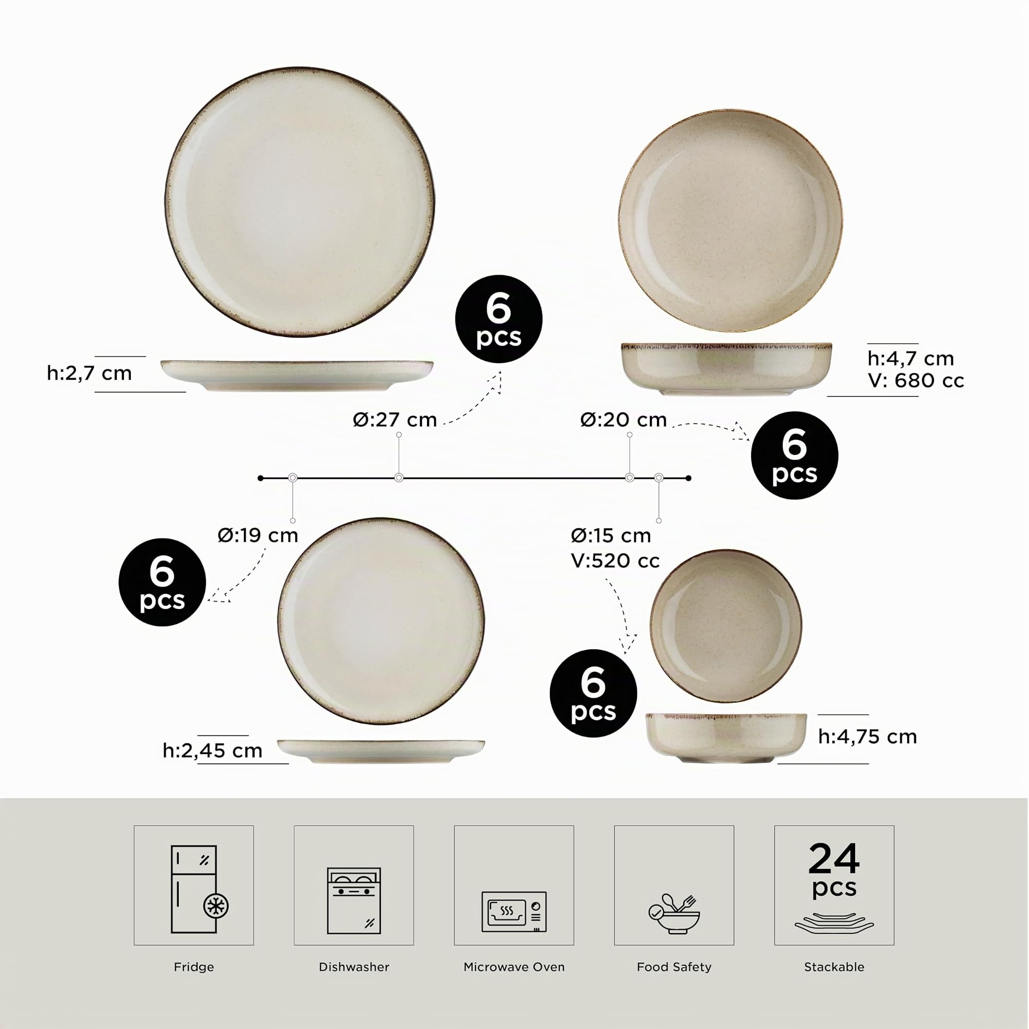 Kütahya Porselen Service de Table 24 Pièces pour 6 Personnes – Vaisselle en Porcelaine Couleur Cannelle – Assiettes Plates, Creuses, à Dessert, Bols – Compatible KOLEKSIYON 30000359922