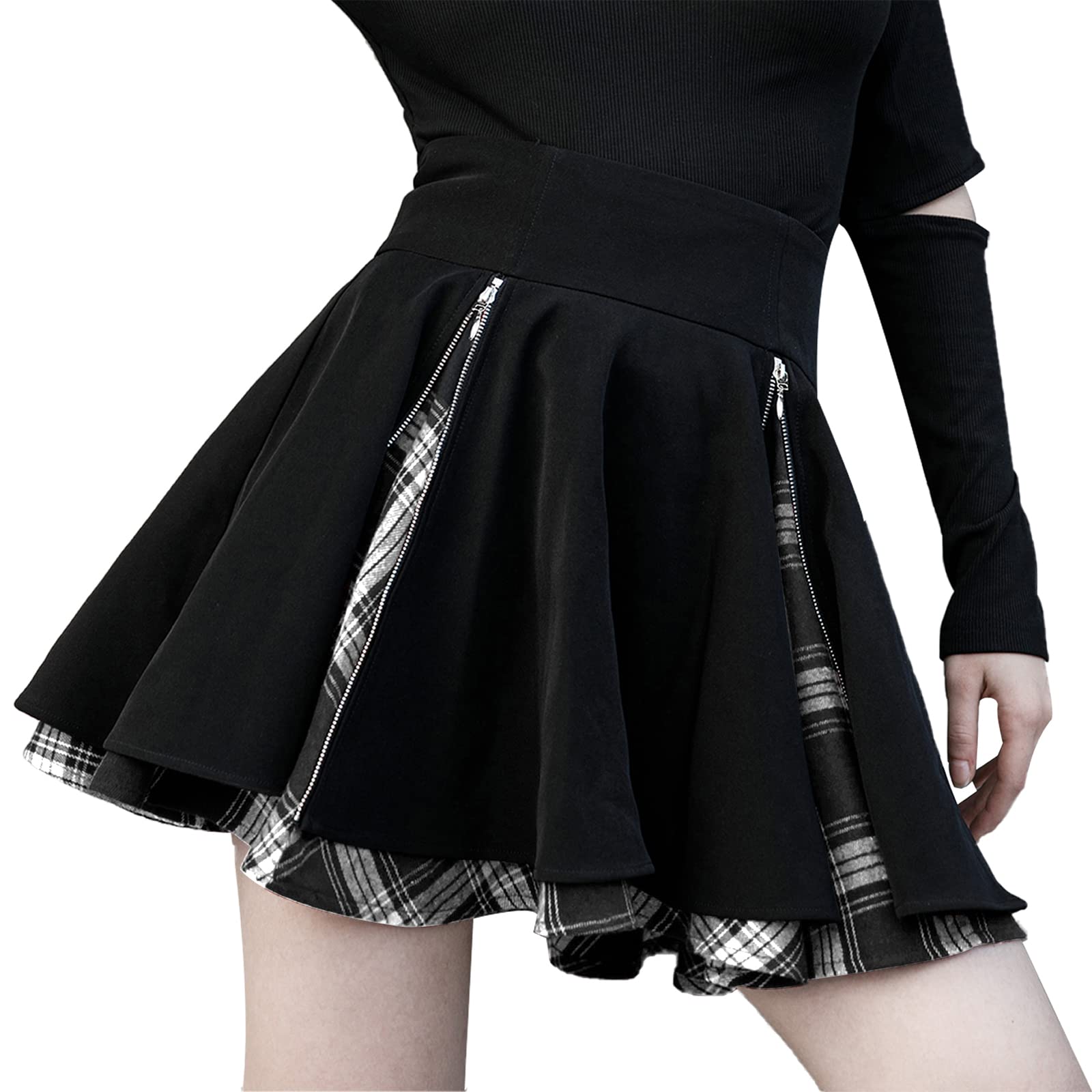 KisidooGothic Skirts Cute High Elastic Waisted Plaid Kilts for Women Trendy Hem Flared Knee Length Mini Skater Skirt