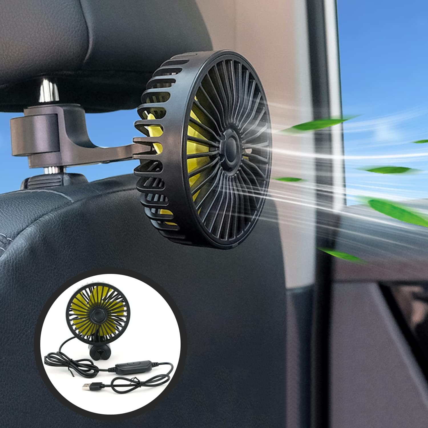 Kwak's Car Fan for Back Seat USB Mini Fan with Clip, 3 Speeds Quiet Portable Fan for Car, Reversible Mounting & 55.11″ Cord – Car Seat Fan for Backseat Cooling