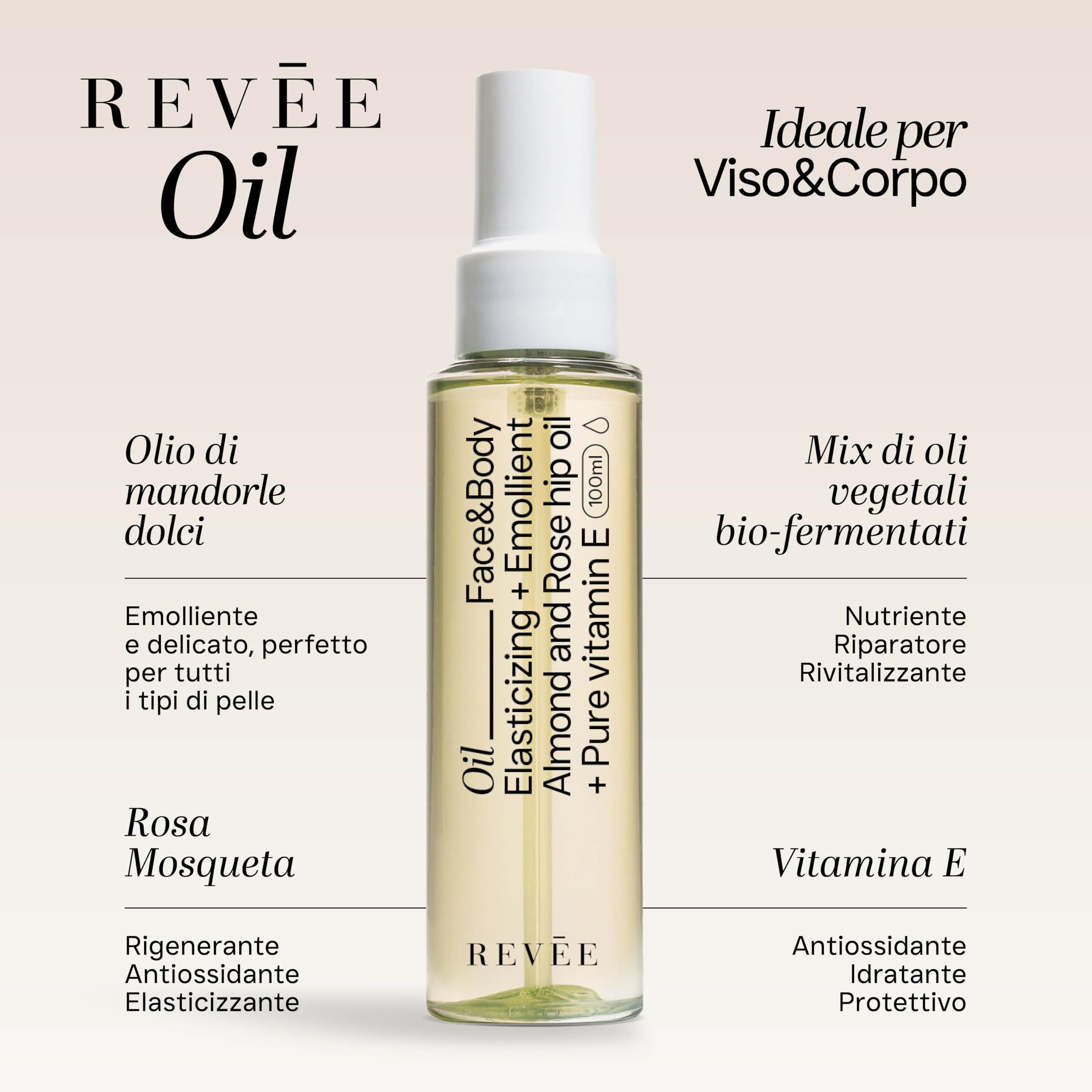REVÉE OIL, Olio Secco Corpo e Viso - Mandorle, Rosa Mosqueta e Vitamina E – Elasticizzante, Lenitivo – Ideale per Pelle Secca, Cicatrici, Smagliature – 100 ml