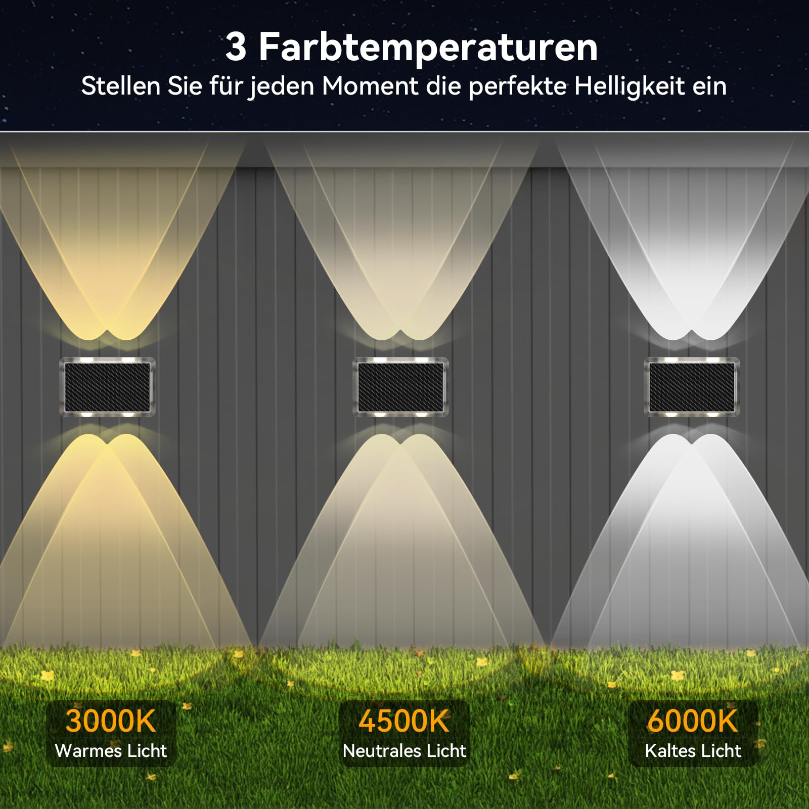 TECKNET Solar Wandleuchten für Außen, IP66 Up and Down Solarlampen, 12Stück | IP66 Wasserdicht, 4 LEDs, 3 Farbmodi, für außen wand, Garten, Hof, Terrassen, Balkone, Veranden, Zäune