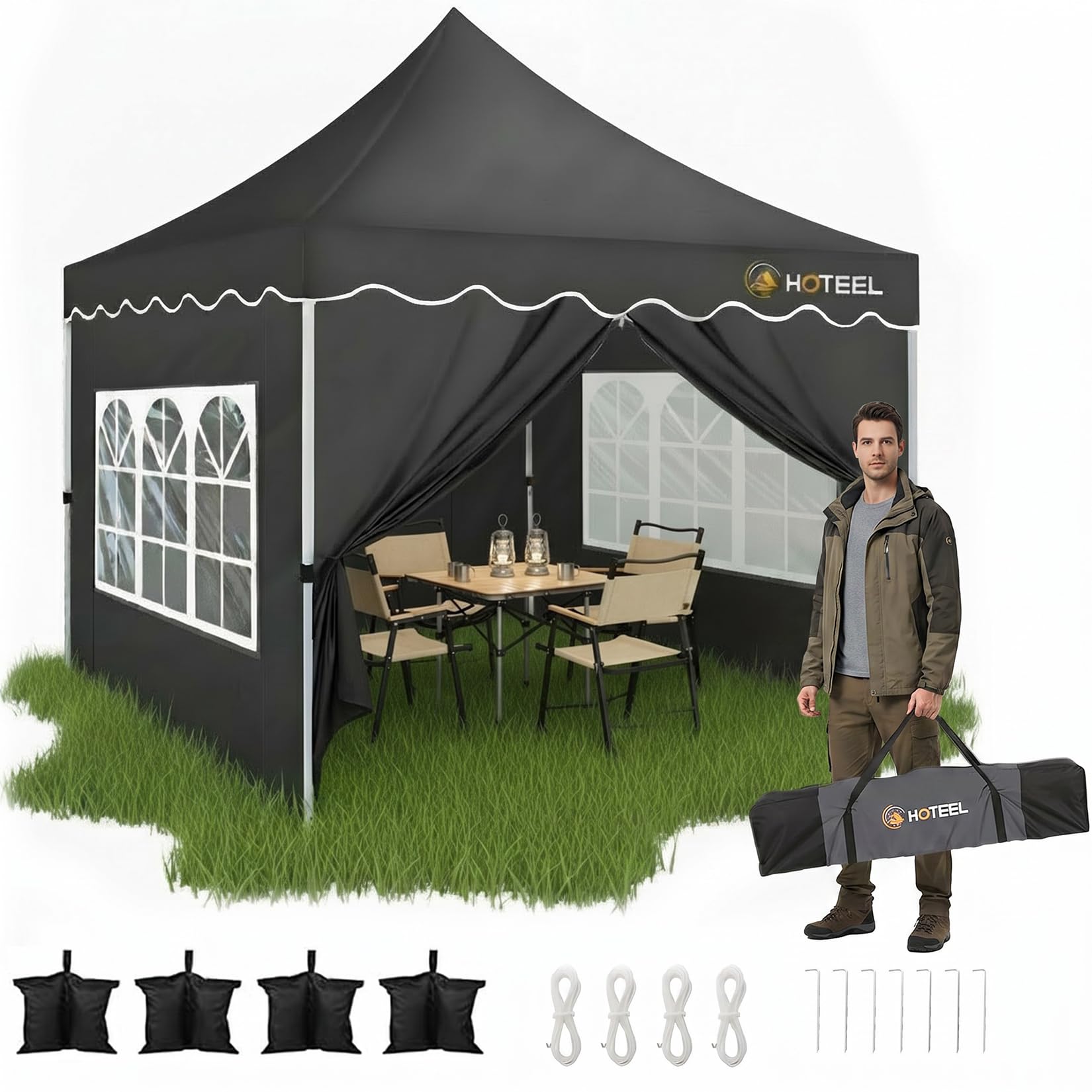 HOTEEL 3x3 Tonnelle Imperméable Stable Barnum 4 parois latérales (Noir)