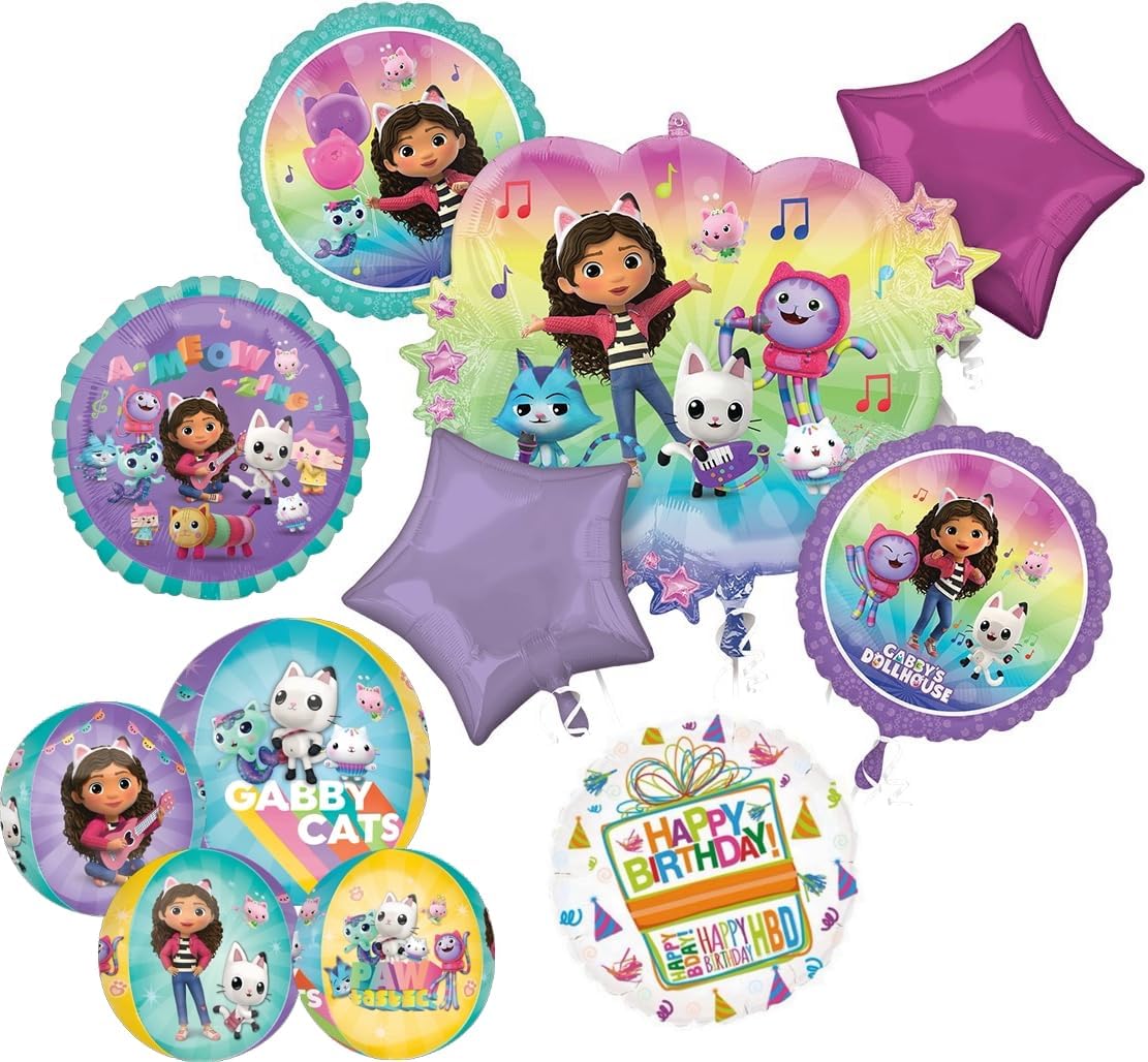 Gabby Birthday Party Supplies Cats and Dollhouse Orbz 8pc Balloon Bouquet Decorations