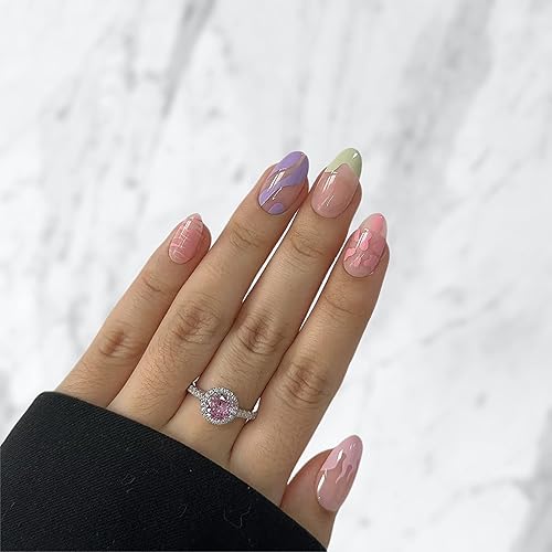 Uñas cortas reutilizables de almendra  Uñas postizas postizas postizas de gel con punta francesa, uñas adhesivas de gel brillante, 12 tamaños, 24