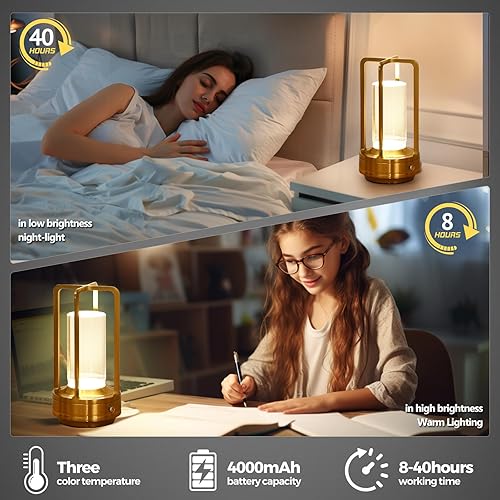 Miniatura 3 de Lámpara de mesa inalámbrica, portátil, recargable, pequeña, lámpara de mesita de noche, 4000 mAh, funciona con pilas, luz de noche, control táctil,