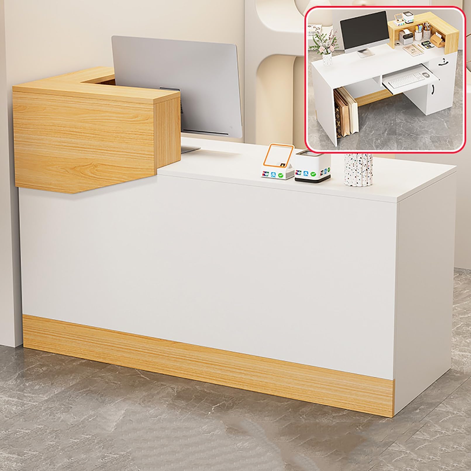 TELCIM Front Desk Reception Counter, Checkout Counter With Lockable Drawers, Cashier Retail Checkout Table Computer Desk, Retail Counter, For Beauty Salon Lobby Shop Office(Right high,100x45x100cm)