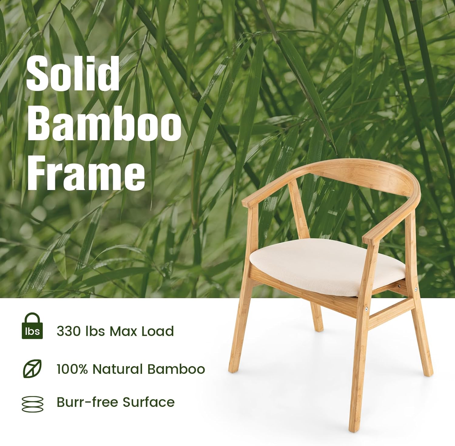 Mid Century Modern Accent Chair, 100% Bamboo Chair with Anti-Slip Foot Pads, Curved Backrest, Comfy Seat Cushion, Armchair for Living Room, Dining Room, Arm Lounge Chair for Bedroom (1)