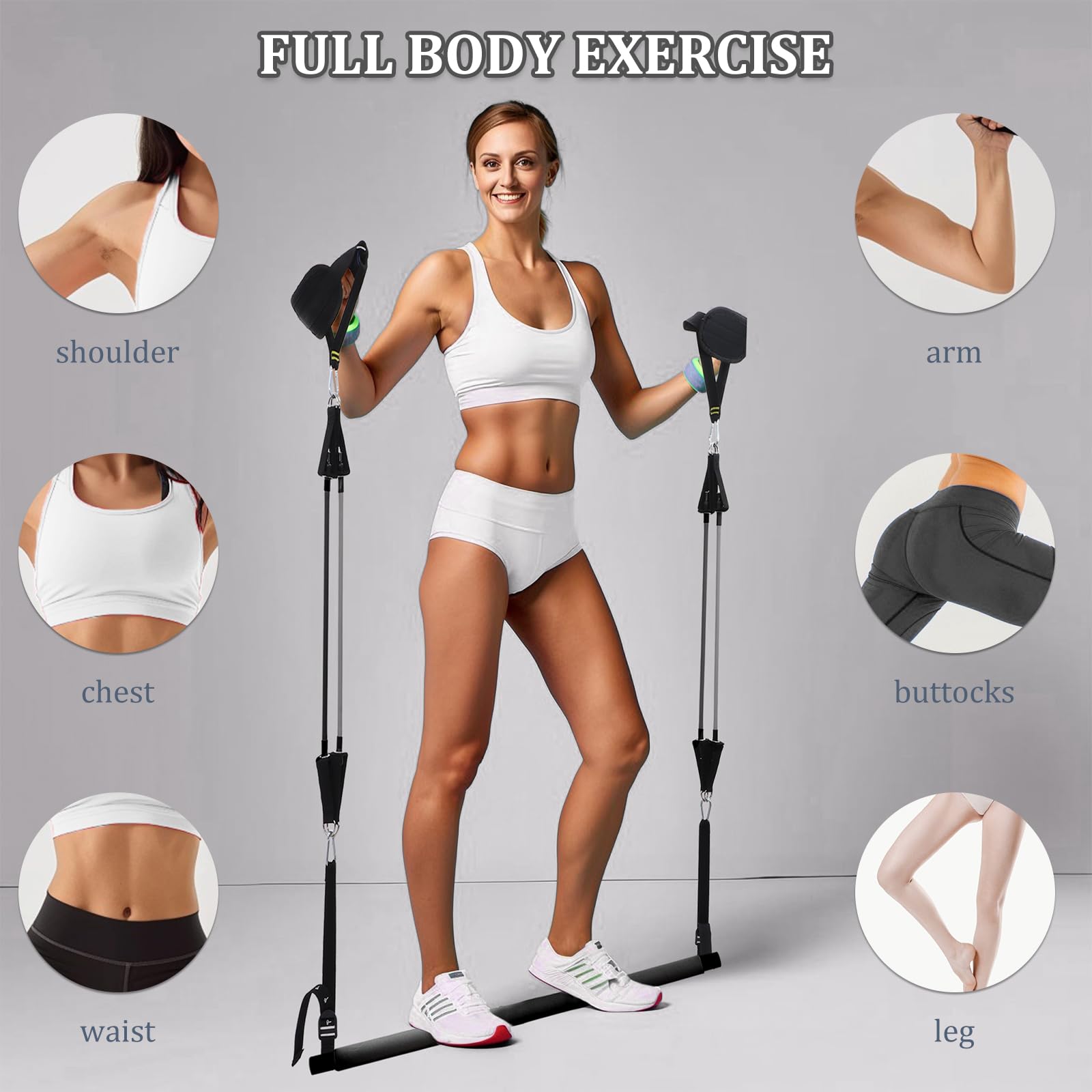 Pilates Bar Set mit 6 Widerstandsbänder, Verstellbare Resistance Bands für Frauen und Mann, Fitnessbänder für Home Gym Yoga, Pilates,Stretch, Krafttraining Fitness