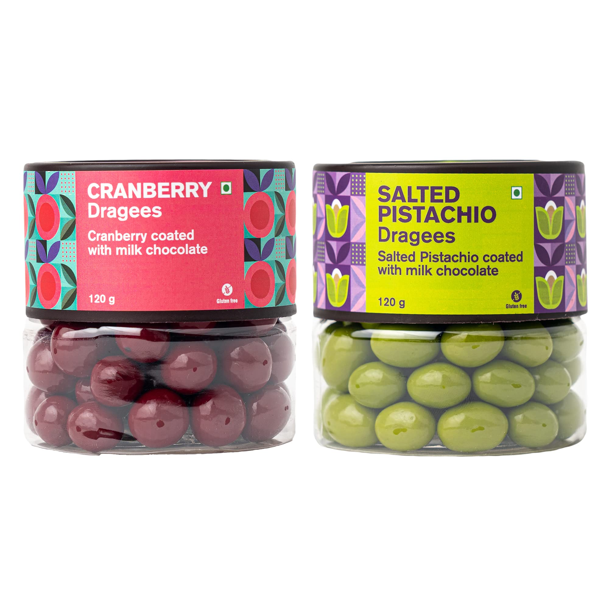 Entisi Premium Chocolate Coated Salted Pistachio & cranberry Dragees Jar - (120gram Each, Pack of 2)