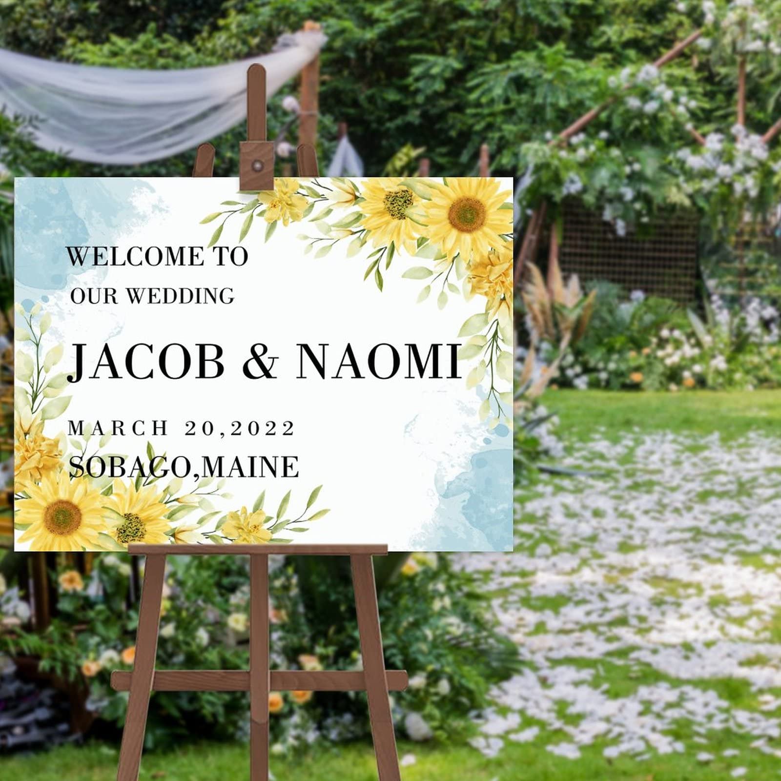 Panneau de bienvenue de mariage en bois de qualité, décor tournesols gravé