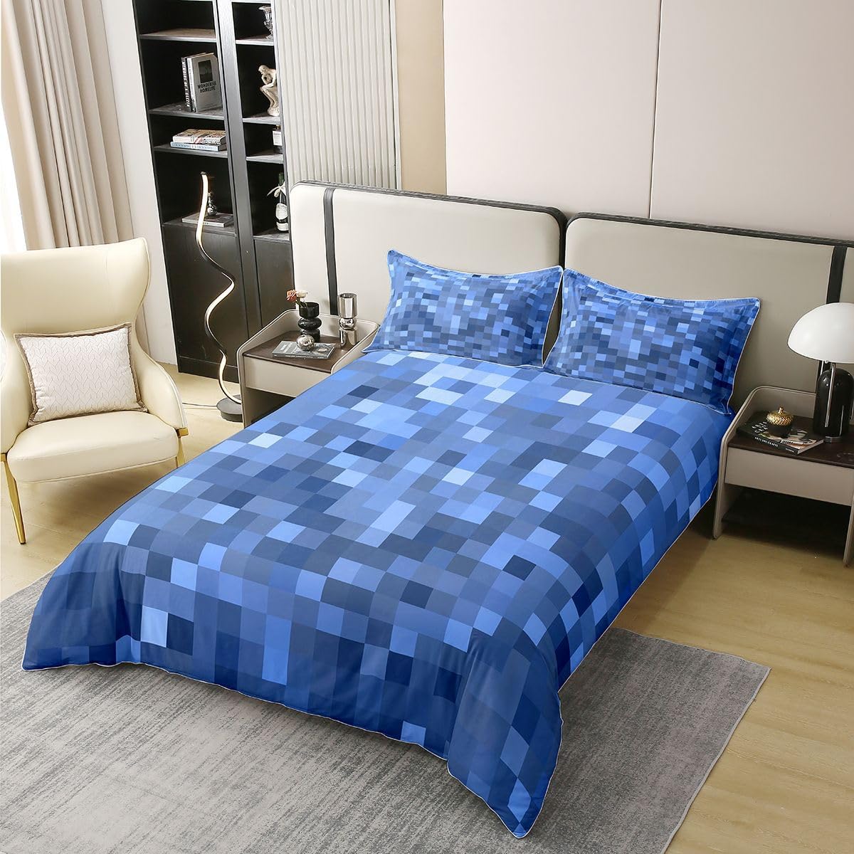 Manfei Pixelated Blocks Miners Duvet Cover Set Full Size 100% Cotton,Videogame Game Gamepad Kids Bedding Set,Geometric Grid Patchwork Girls Boys Room Decor,Blue Quilt Cover,2 Pillowcases(No Filler)