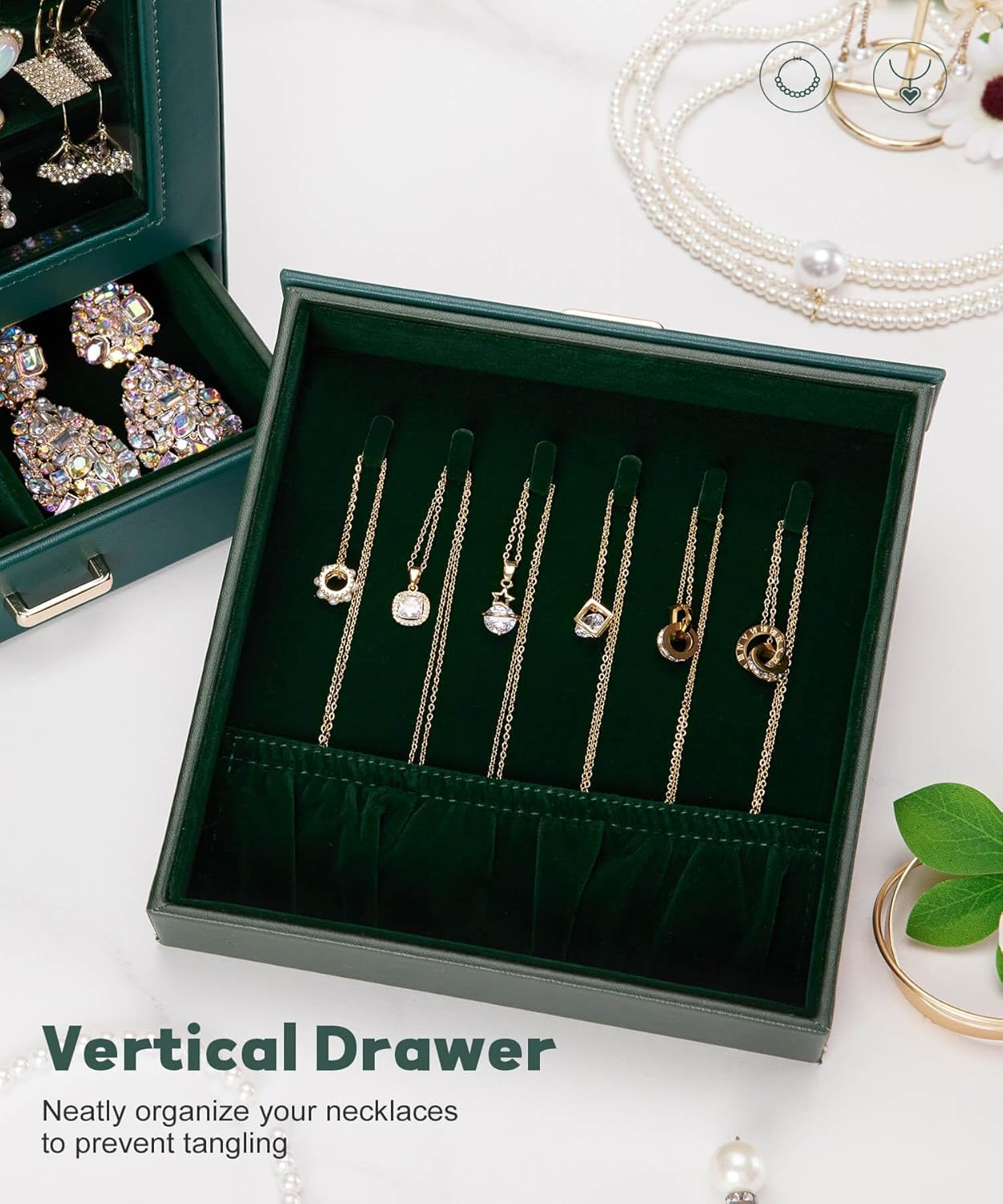 Homde Valentine's Day Gifts Jewelry Organizer Girls Women Jewelry Box for Necklaces Rings Earrings Gift Bracelets Storage Case (Forest Green + Gold) - Image 5