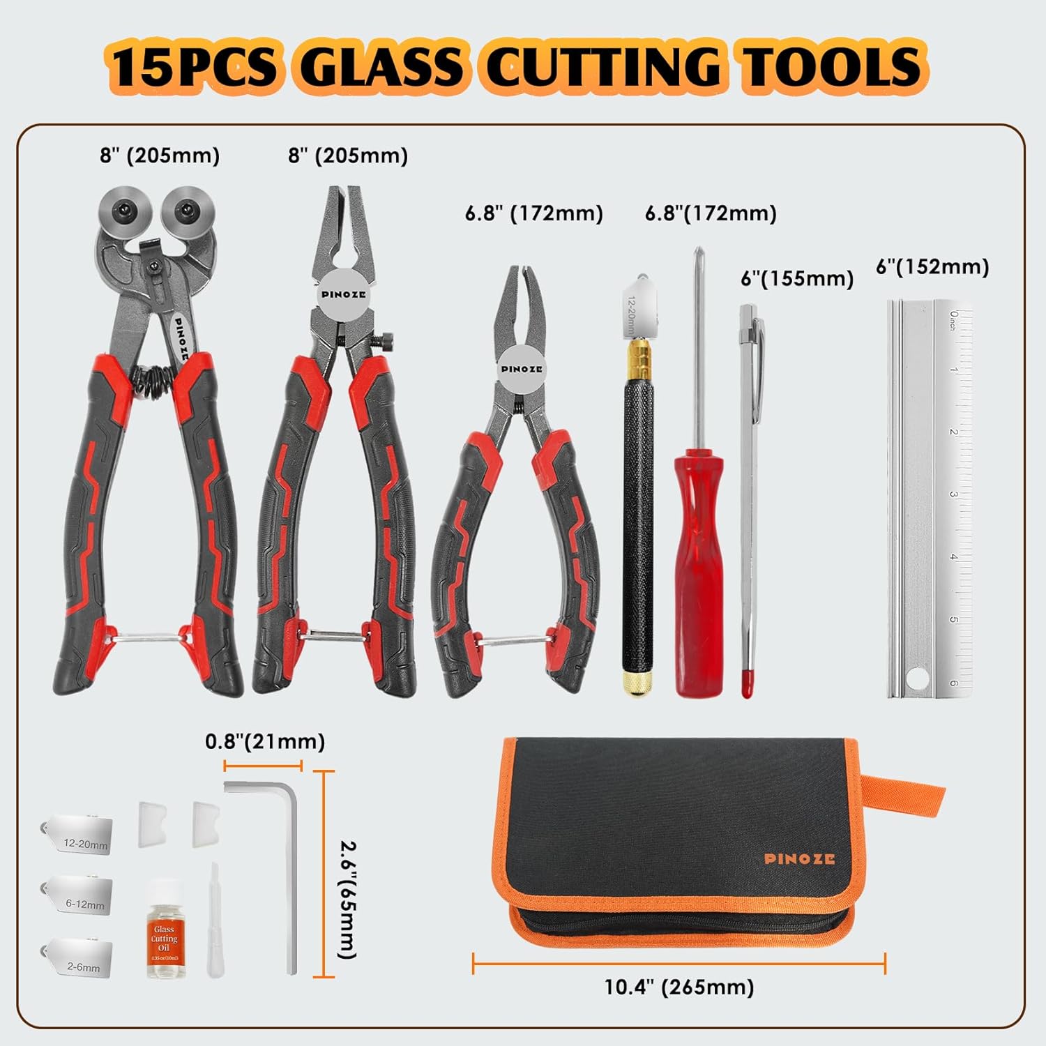14-Piece Glass Cutting Tool Kit, Glass Cutter 2-20MM, 8" Wheeled Tile Nippers & Glass Running Pliers, Breaker Grozer Pliers, Aluminum Cutting Ruler - for Stained Glass, Tiles, Mosaic Cutting