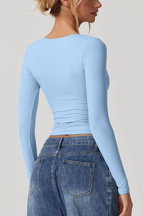 QINSEN Long Sleeve Double Lined Tops for Women Sexy Seamed Cup T Shirts Slim Fit Y2k Top Light Blue L by QINSEN - Image 3