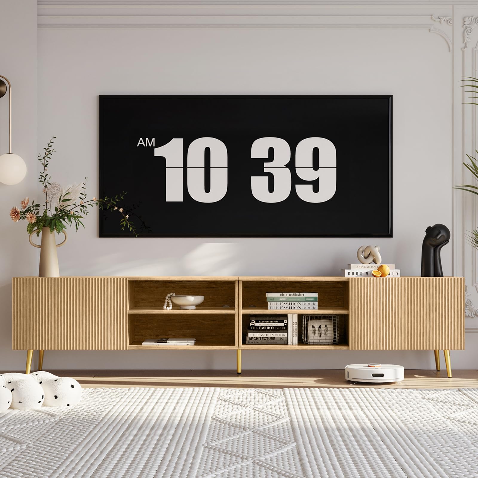 KIMOLST Modern 86in TV Stand for Living Room, Fluted Design Entertainment Center with Adjustable Shelves,Media TV Console Table with Storage for Bedroom,Nature