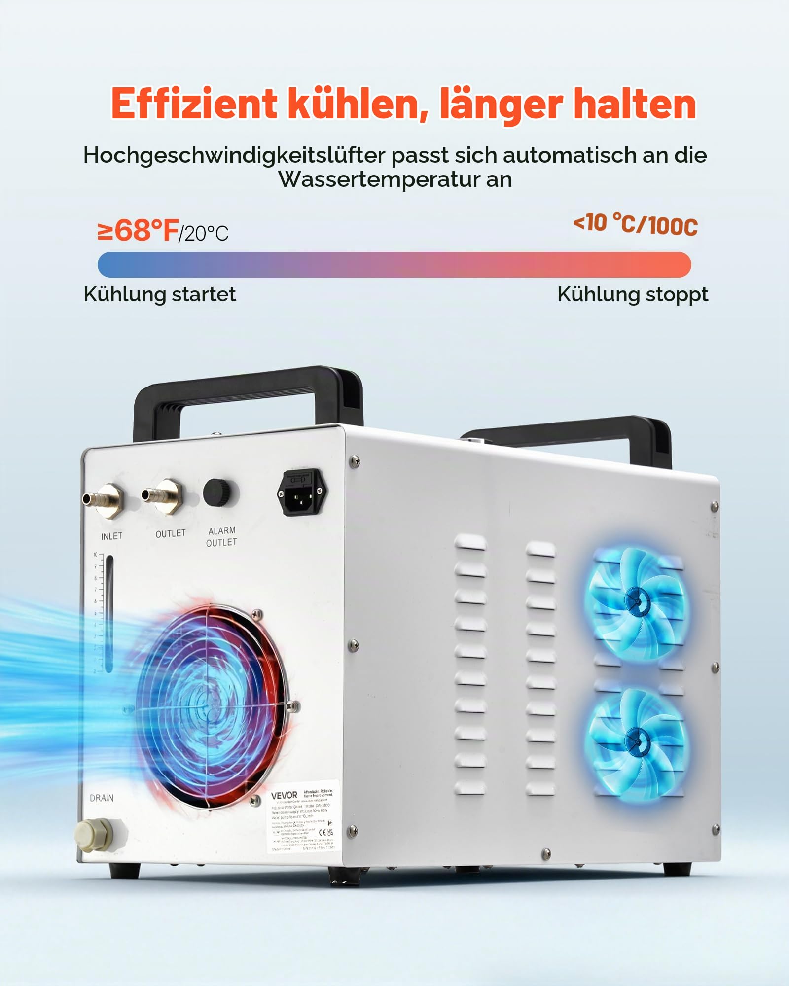 VEVOR Industrieller Wasserkühler CW-3000, luftgekühltes Kühlsystem mit 9-L-Tank, 10 L/min Durchfluss, Kühlgerät mit Hochgeschwindigkeitslüfter, für Lasergravur-&-schneidmaschinen