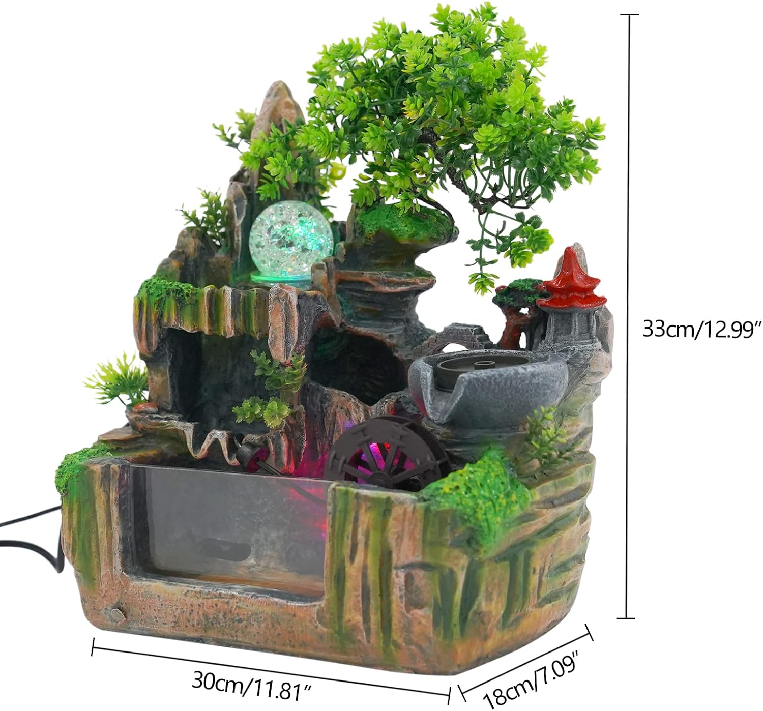 Tabletop Waterfall Fountain, Mini Rockery Fountain with Color-Changing LED Light, Indoor Resin Desktop Fountain Décor for Home Office, 7 x 11.8 x 13 Inch