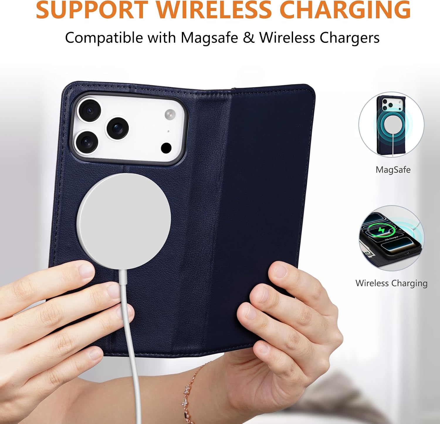 Wallet Case for iPhone 17 Pro 6.3", Genuine Leather Flip Folio Case Compatible with Magsafe, RFID Blocking Magnetic Card Holder Kickstand Cover Men Women for iPhone 17 Pro, Darkblue