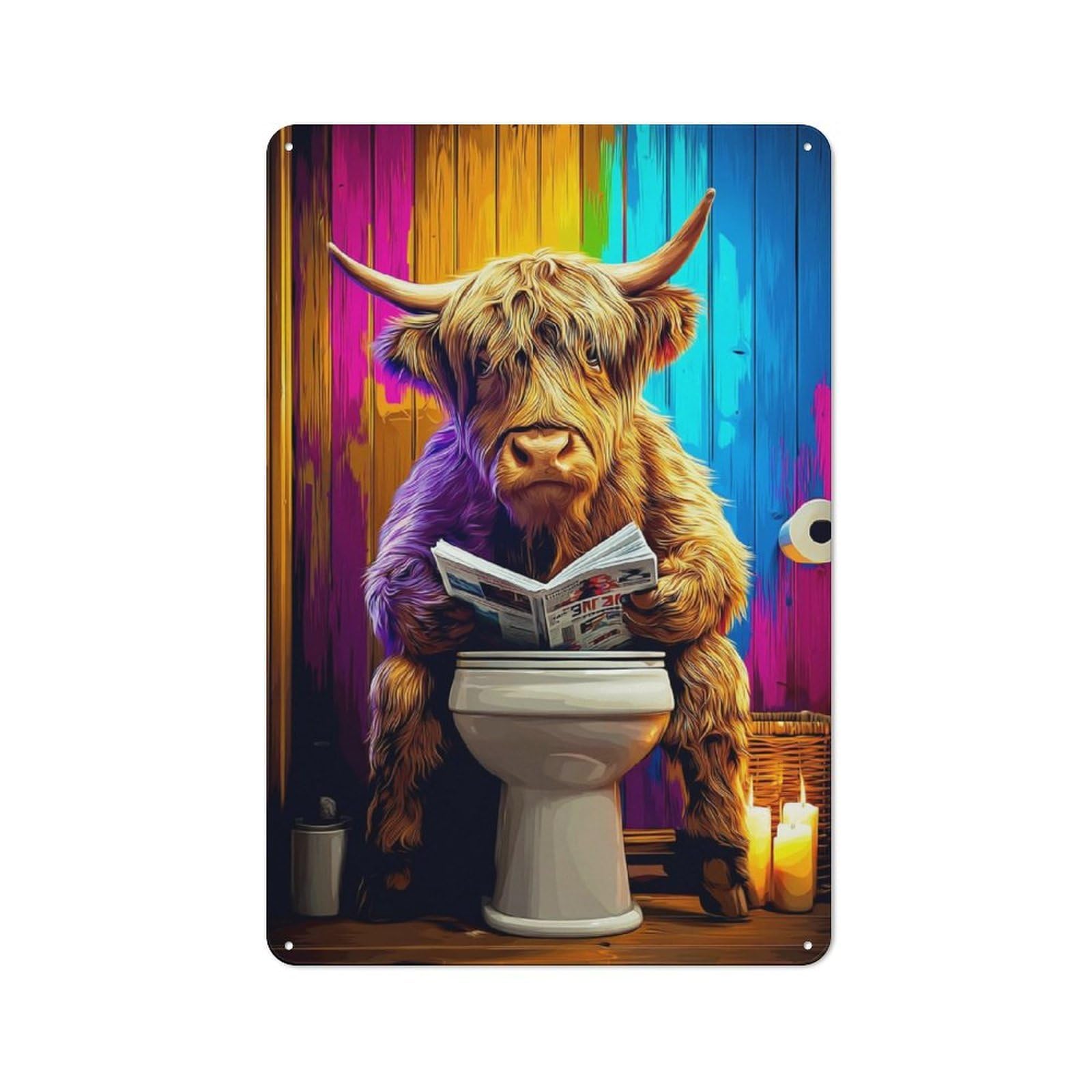Junmoney Highland Cow Reading Newspaper On Toilet Vintage Metal Wall Decor 30X20cm, Garage Metal Sign For Garage, Workshop, Shed Or Utility Room