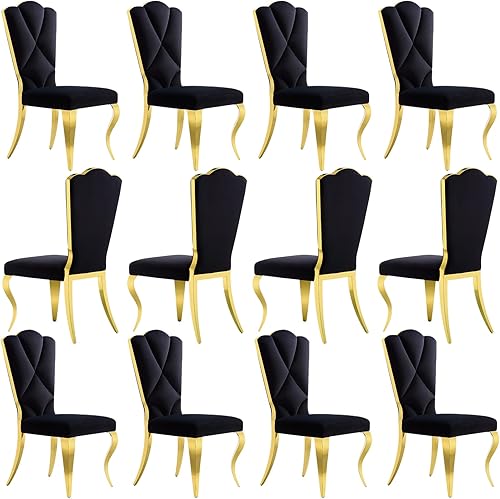 Miniatura 16 de Juego de 4 sillas de comedor de terciopelo negro, sillas de cocina tapizadas con respaldo alto con patas de metal pulido dorado, sillas de comedor