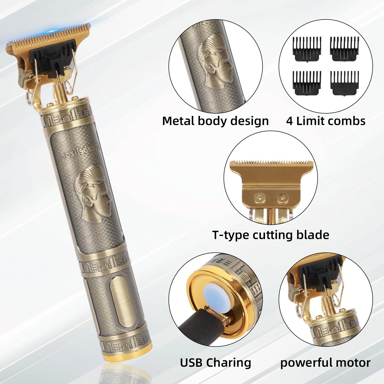 Professionelle Haarschneidemaschine für Männer - Wiederaufladbarer kabelloser T-Blade Trimmer mit 4 Führungen, USB-C Schnellladung, Metallkörper für Bart-, Haar- und Körperpflege