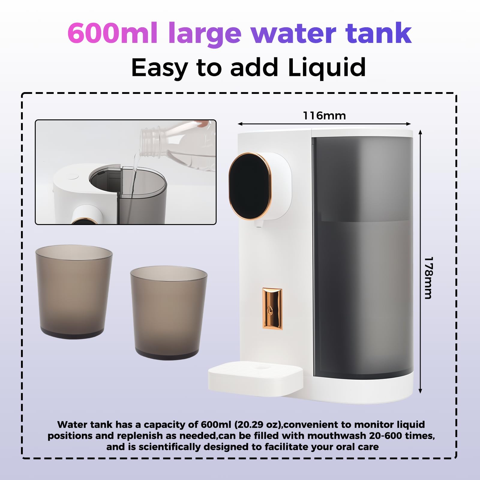 Dispenser per Colluttorio 600ML Distributore di Sapone Bagno Automatico | USB Ricaricabile丨Tazze Magnetiche Incluse丨Versatile per Bagno丨Design a Parete Salvaspazio丨Sensore di Movimento a Infrarossi