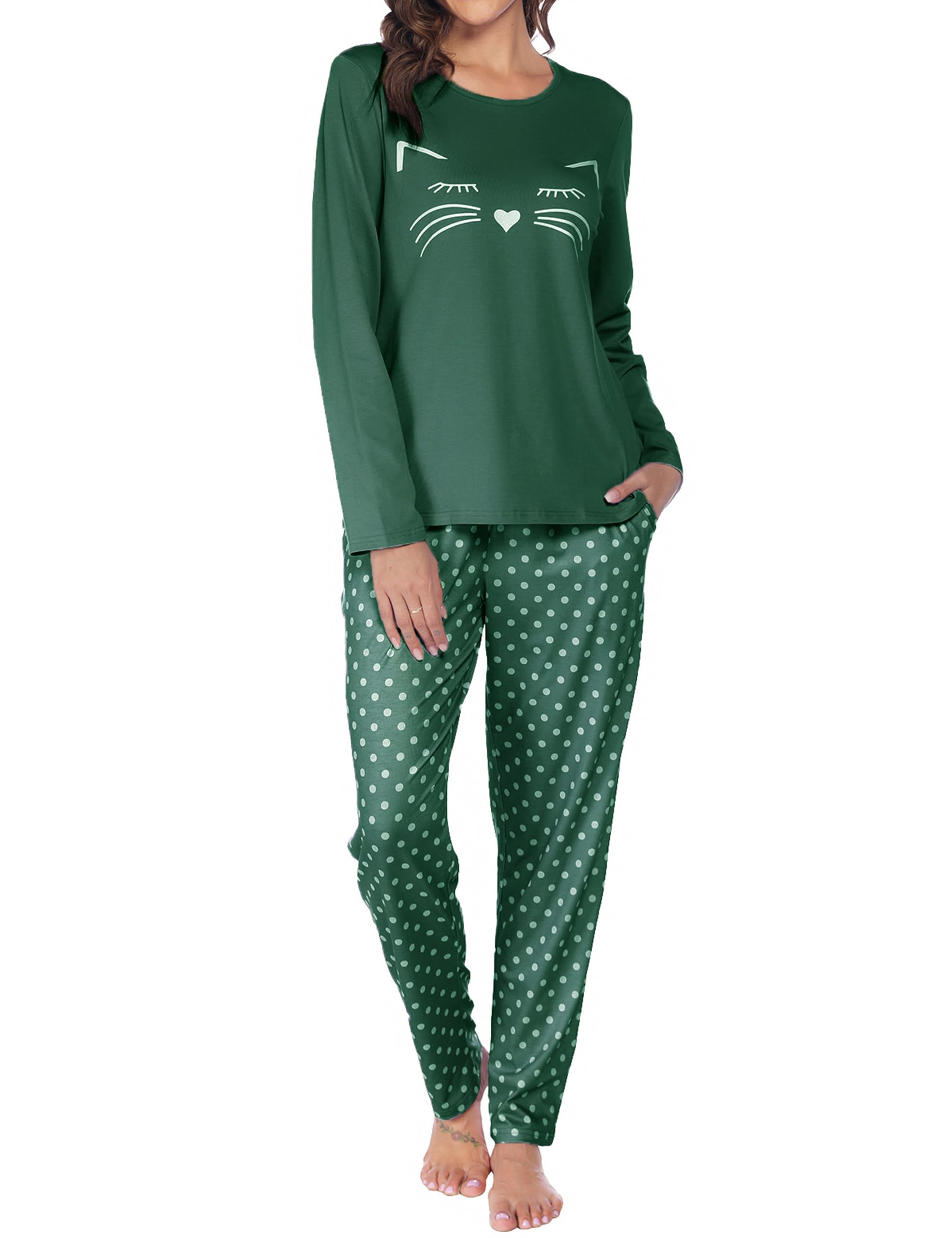 BigKing Pyjama À Motifs De Chat À Manches Longues, Femmes Vêtements De Maison De Pyjama Mignon À Pois Chat pour Loisirs À La Maison