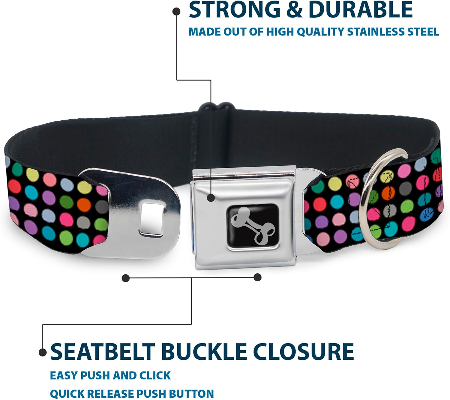 Dog Collar Seatbelt Buckle Mini Polka Dots Black Multi Color 9 to 15 Inches 1.0 Inch Wide