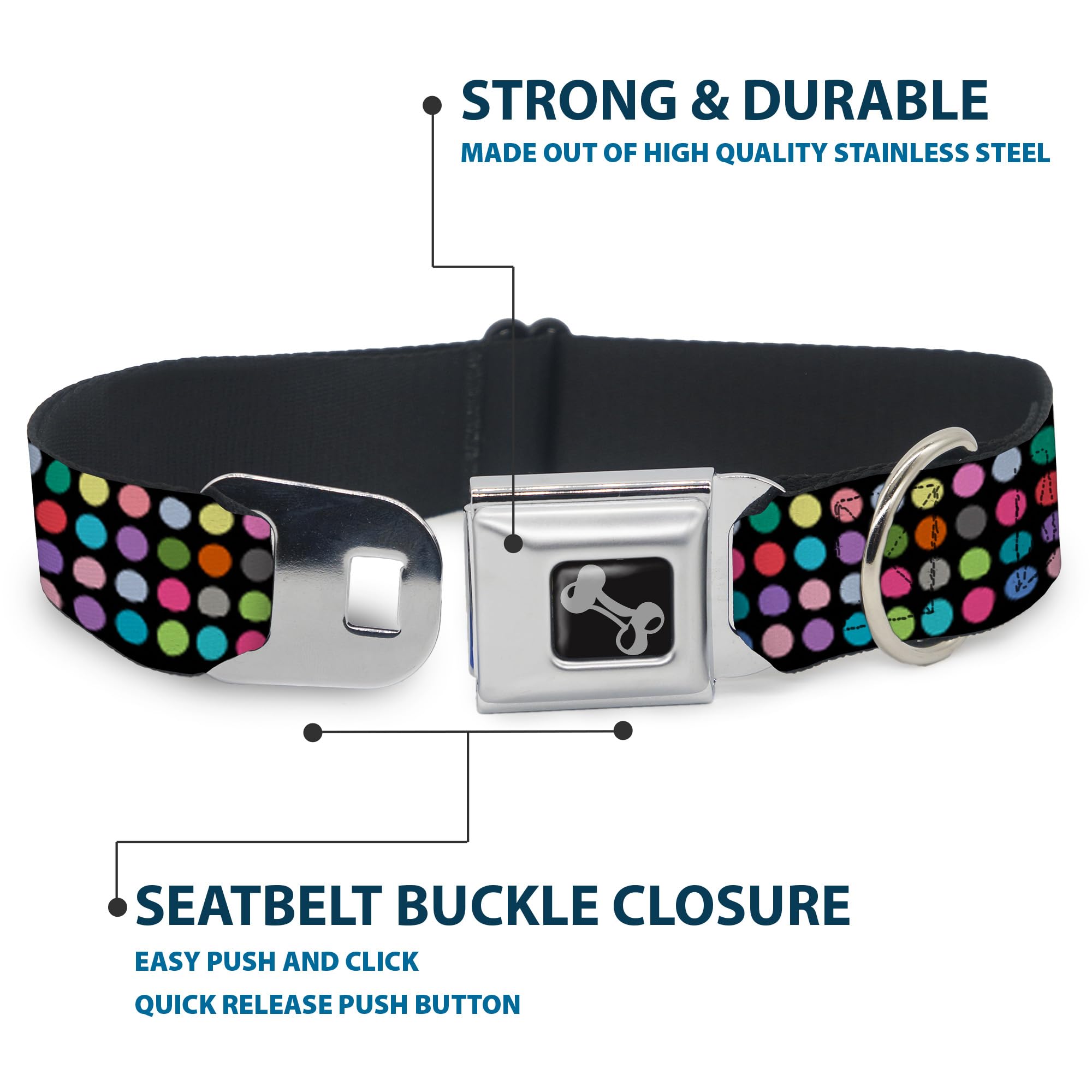 Buckle-Down Obroża dla psa z klamrą pasa bezpieczeństwa - mini kropki czarna/wielokolorowa - szerokość 3,8 cm - pasuje na szyję 33-45 cm - mała