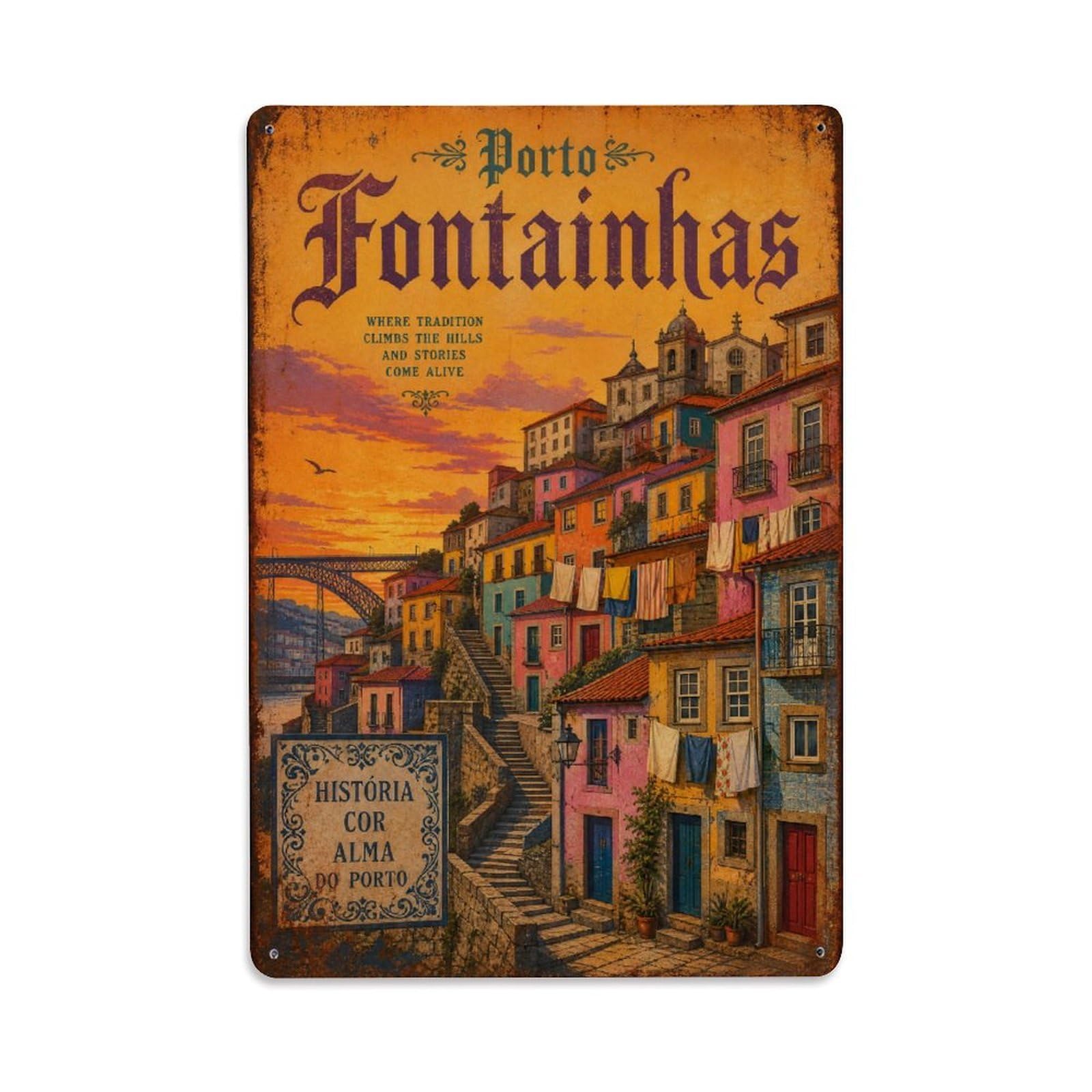 Yrnq 08X12inch Vintage Style Vintage Fontainhas Colorful Hillside Neighborhood Portugal Metal Tin Sign