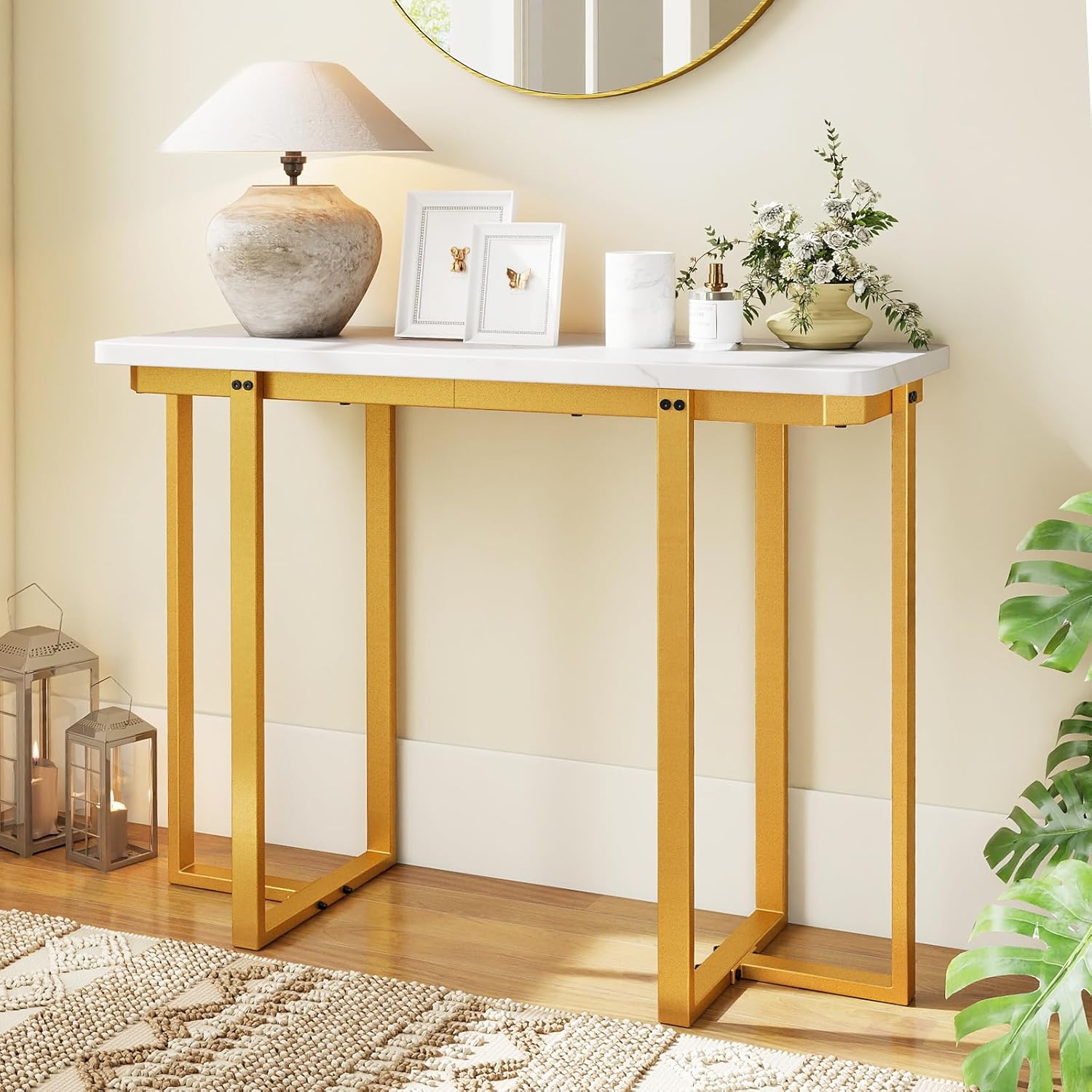 GOFLAME 42” Gold Console Table, Modern Behind Couch Sofa Table with Faux Marble Top & Golden Coated Metal Frame, Narrow Entryway Tables with Storage for Living Room, Hallway, Entry (White)
