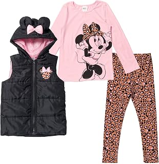 Minnie Mouse Zip Up Vest Puffer Graphic T-Shirt and Leggings 3 Piece Outfit Set Infant to Big Kid