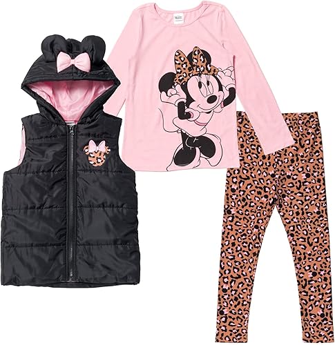Disney Minnie Mouse Little Girls Zip Up Vest Puffer T-Shirt and Leggings 3 Piece