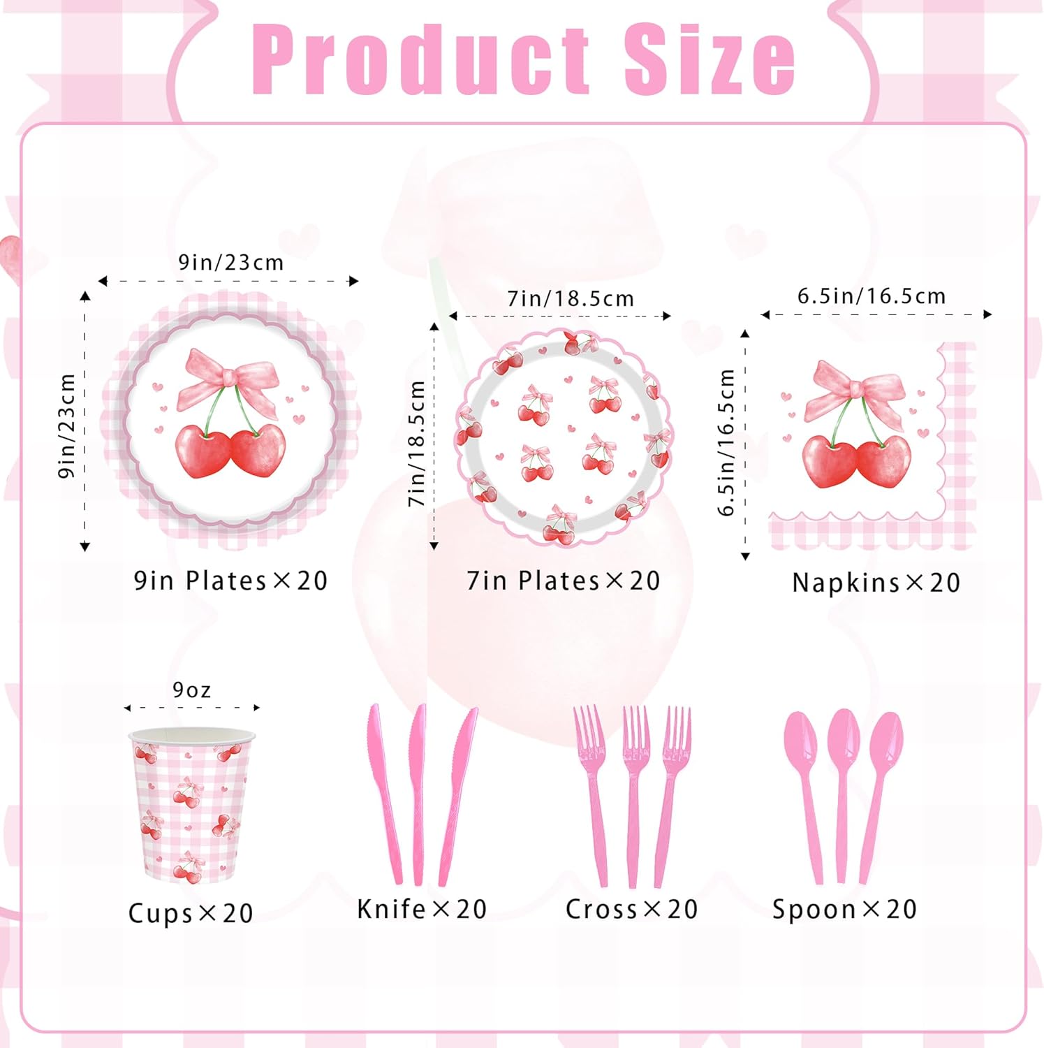 140PCS Cherry Birthday Party Decorations Supplies, Disposable Tableware Set - Cherry Design Kids Girls Fruit Pink Plates, Cups, Napkins,Forks for 20 Guests - Image 2