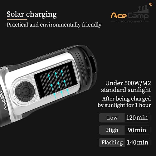 Miniatura 3 de AceCamp Linterna de manivela accionada por energía solar, linterna de emergencia IPX6, rescate al aire libre, camping, senderismo