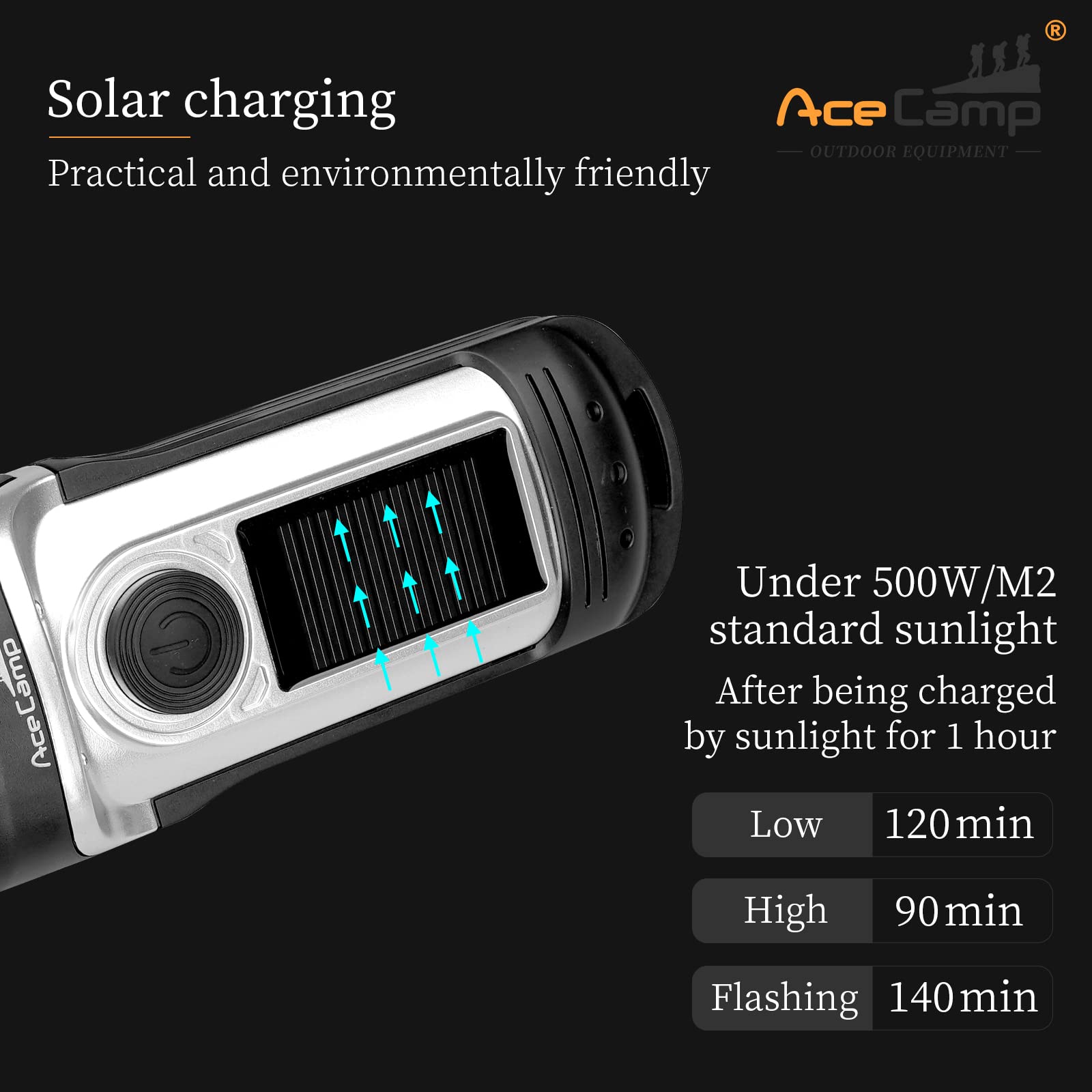 AceCamp Hand Crank & Solar Emergency Flashlight - IPX6 Waterproof For Outdoor Survival