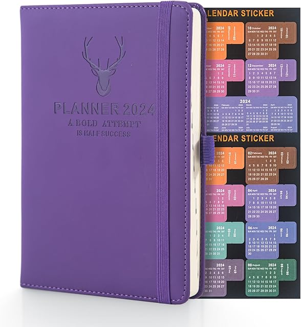 Diary 2024 - A5 Diary Planner 2024 Page A Day, Agenda Diary from Jan. 2024 to Dec.2024, Weekly&Monthly Planner with Tabs,Hard Cover, Pen Loop and Back Pocket PURPLE